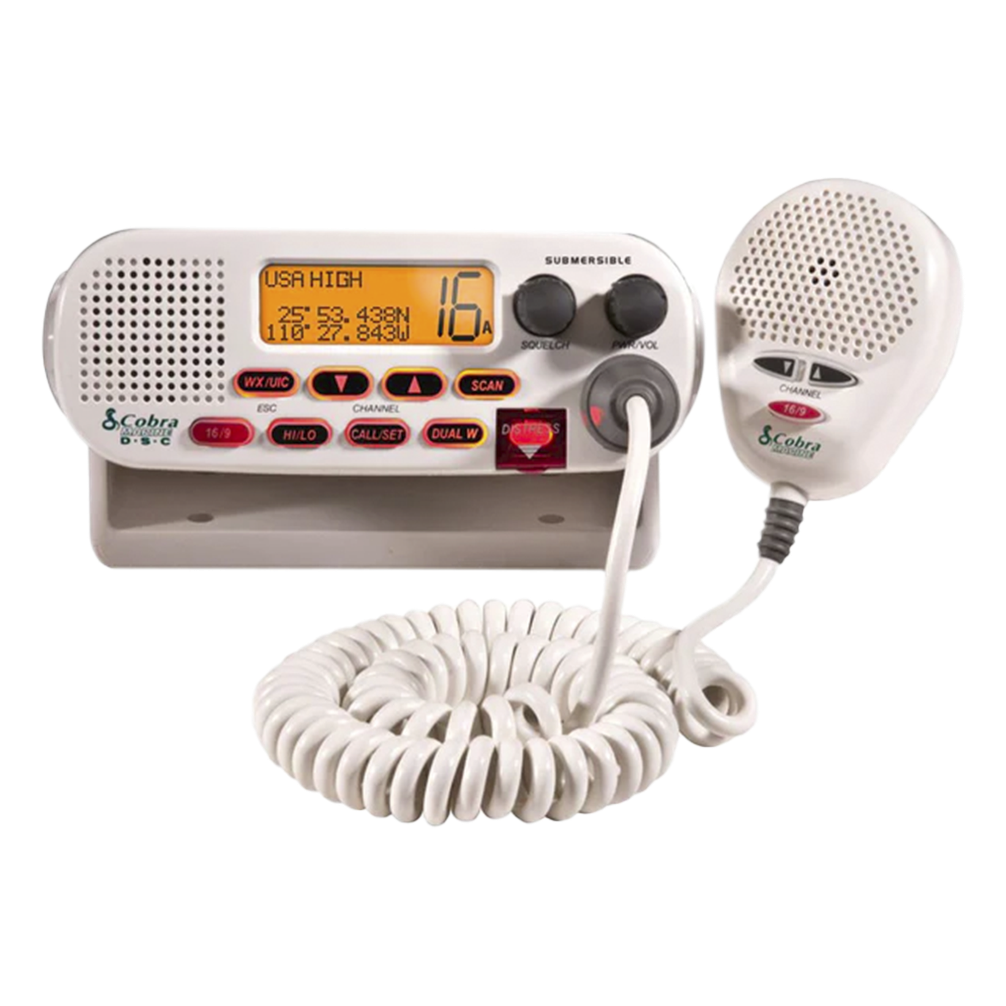 Radio Móvil Marino VHF Clase D / 25 W / 156.050-163.275 MHz / Canales Internacionales, Canadá y EE.UU. / DSC / Dual-Watch / 15.9 cm (6.25 in) Compacto — COBRA · SKU MRF45D