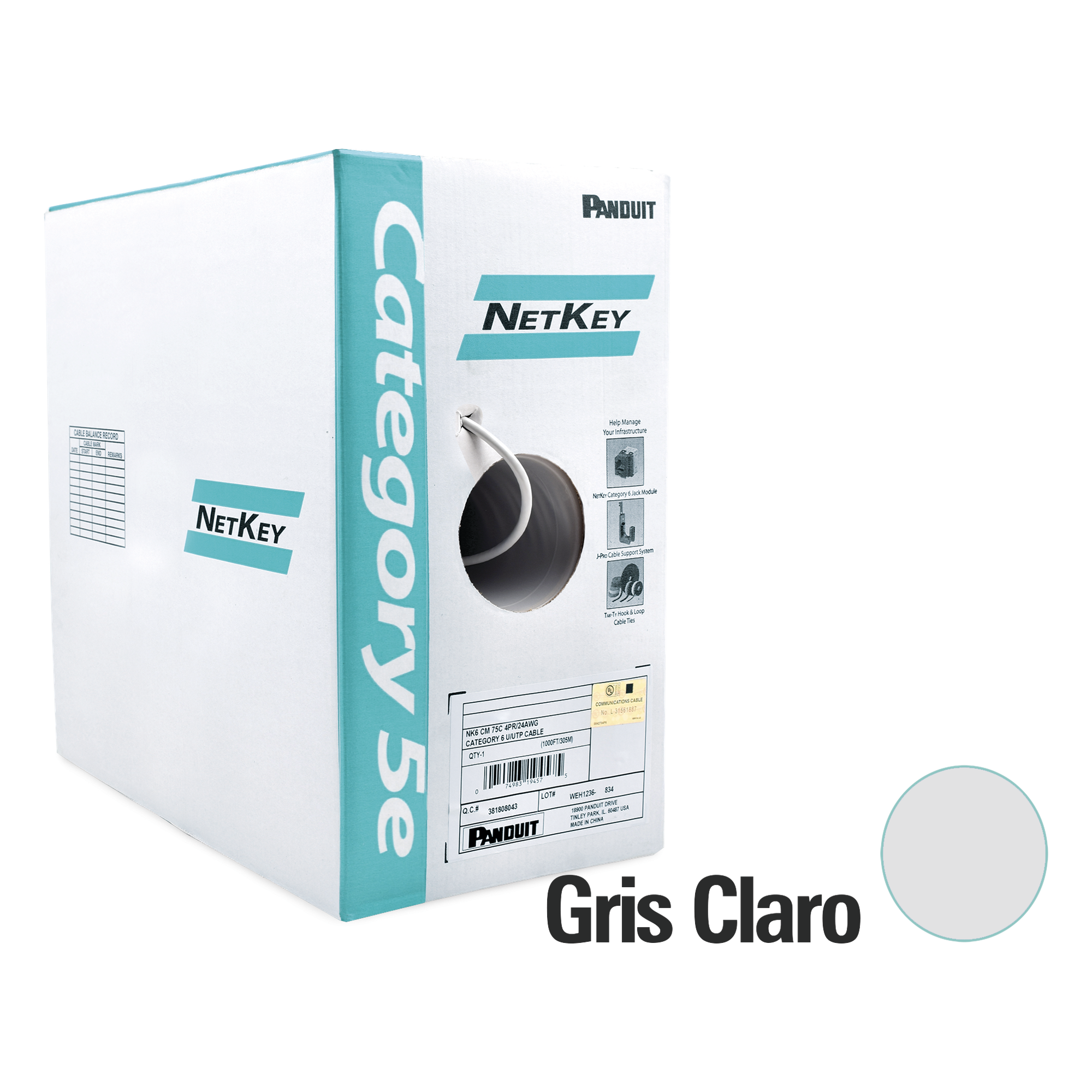 Bobina de Cable UTP 305 Metros (1000 Pies) de Cobre, NetKey, Gris Claro, Categoría 5e (24 AWG), PVC (CM), de 4 Pares