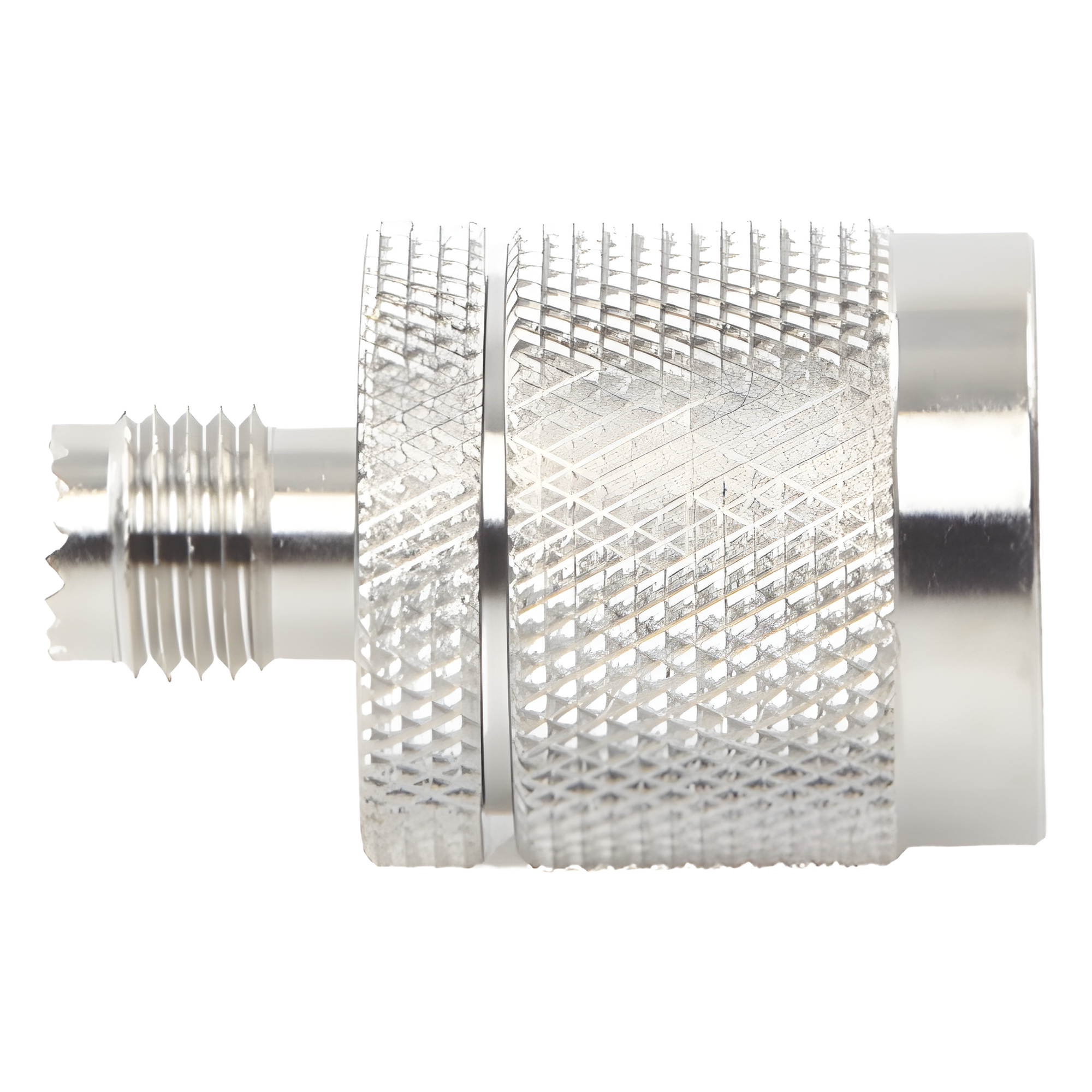 Adaptador Coaxial en Línea / Mini UHF Hembra a N Macho / Cuerpo Bronce Niquelado / Contacto Oro / Aislante Teflón