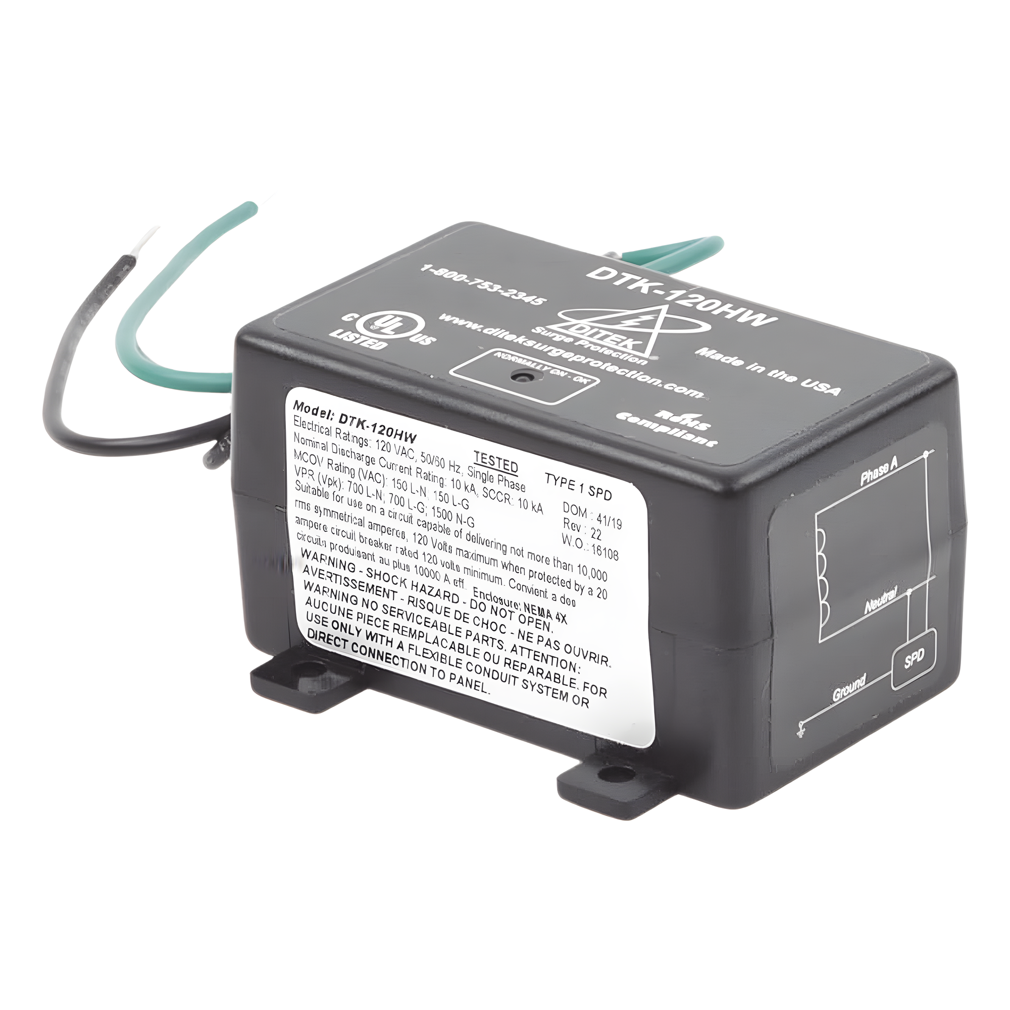 Protector de Sobretensión / 120 VCA / 15 A / NEMA 4X / -35°C a 80°C / UL1449 — DITEK · SKU DTK-120HW