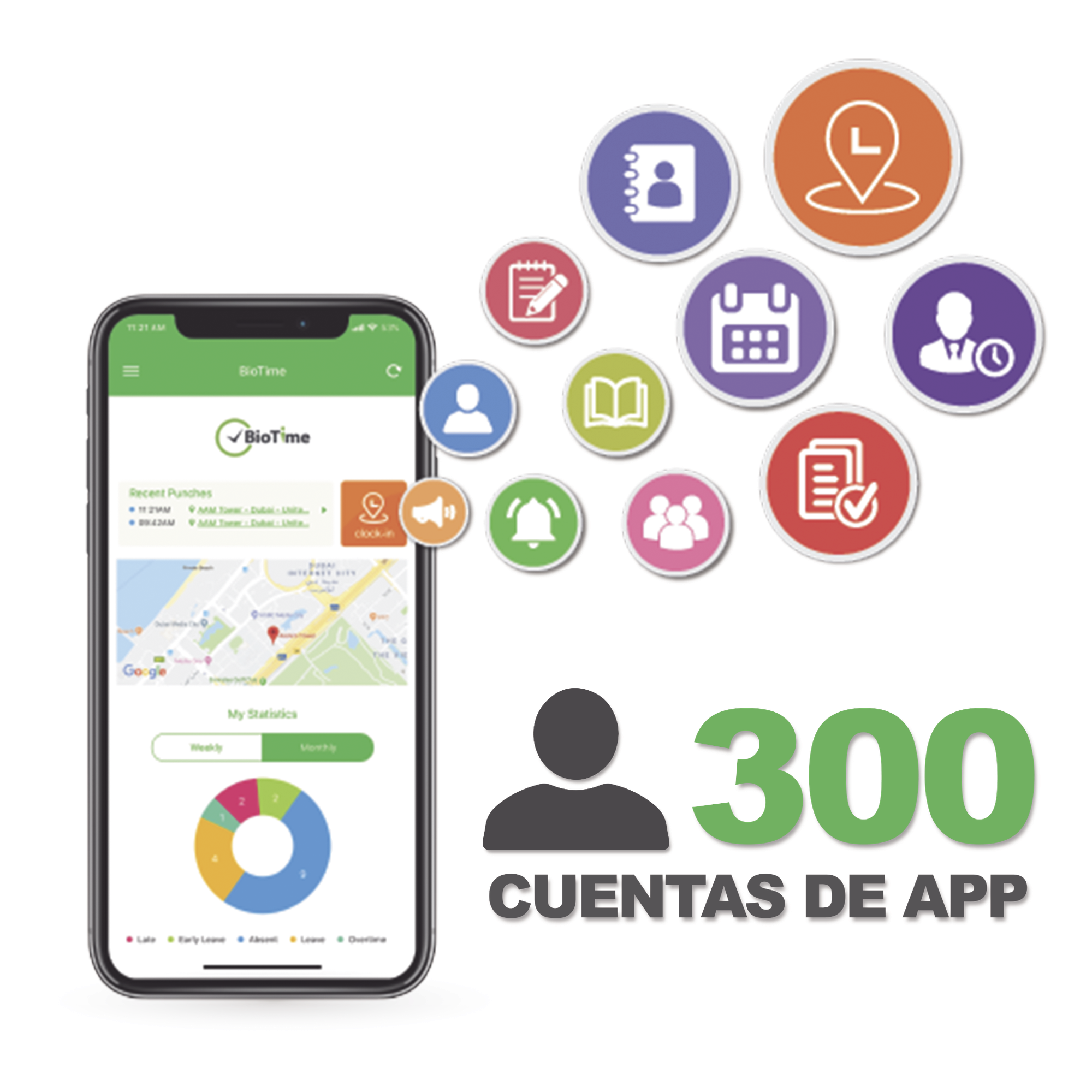 Licencia de Aplicación Móvil / Control de Asistencia con GPS / 300 Usuarios / Captura Fotográfica / Compatible con BioTime Pro — ZKTECO · SKU BIOTIMEAPP300