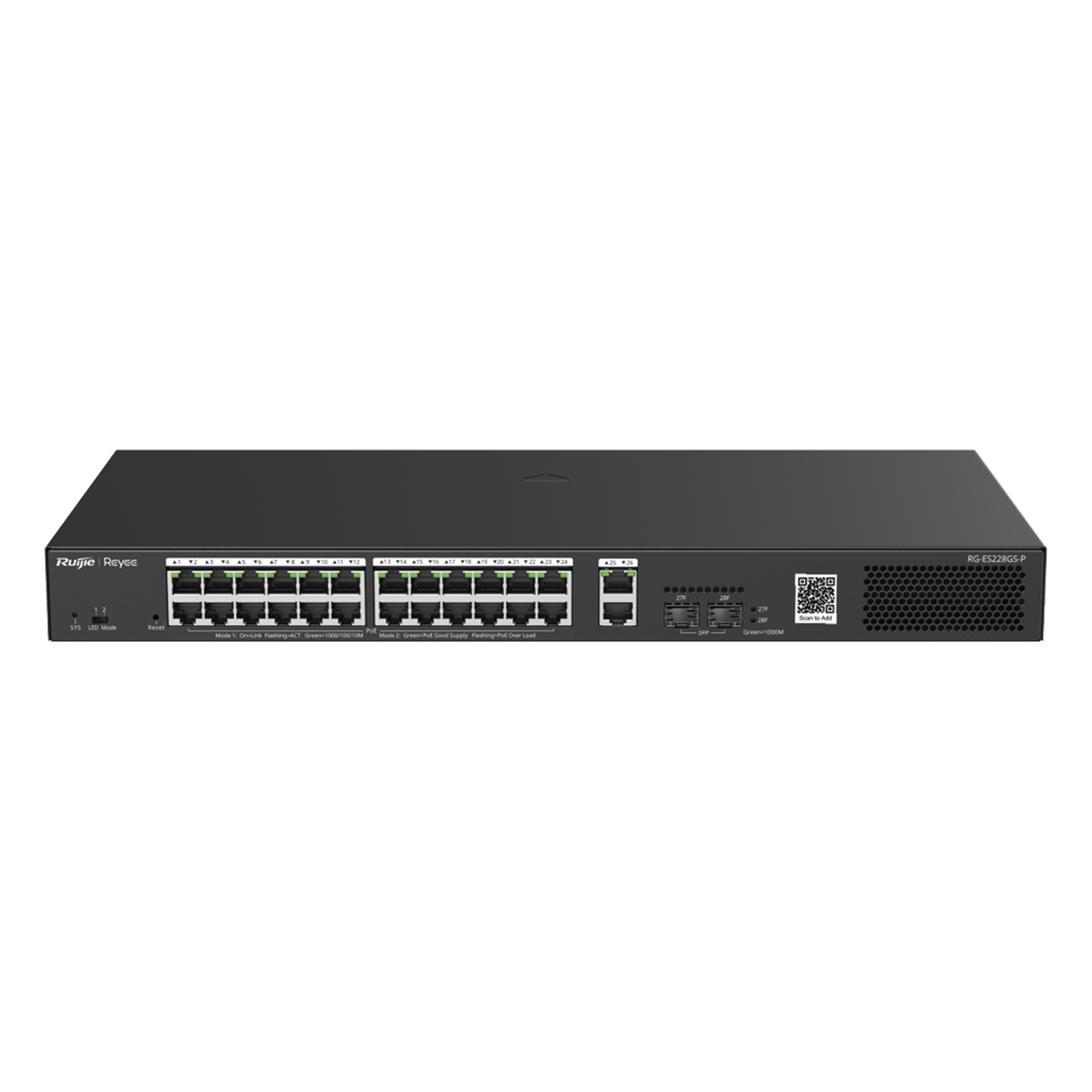 Switch PoE+ Smart / 24 Puertos Gigabit / 370W / 2 SFP 1Gb / 56 Gbps / 41.66 Mpps — RUIJIE · SKU RG-ES228GS-P