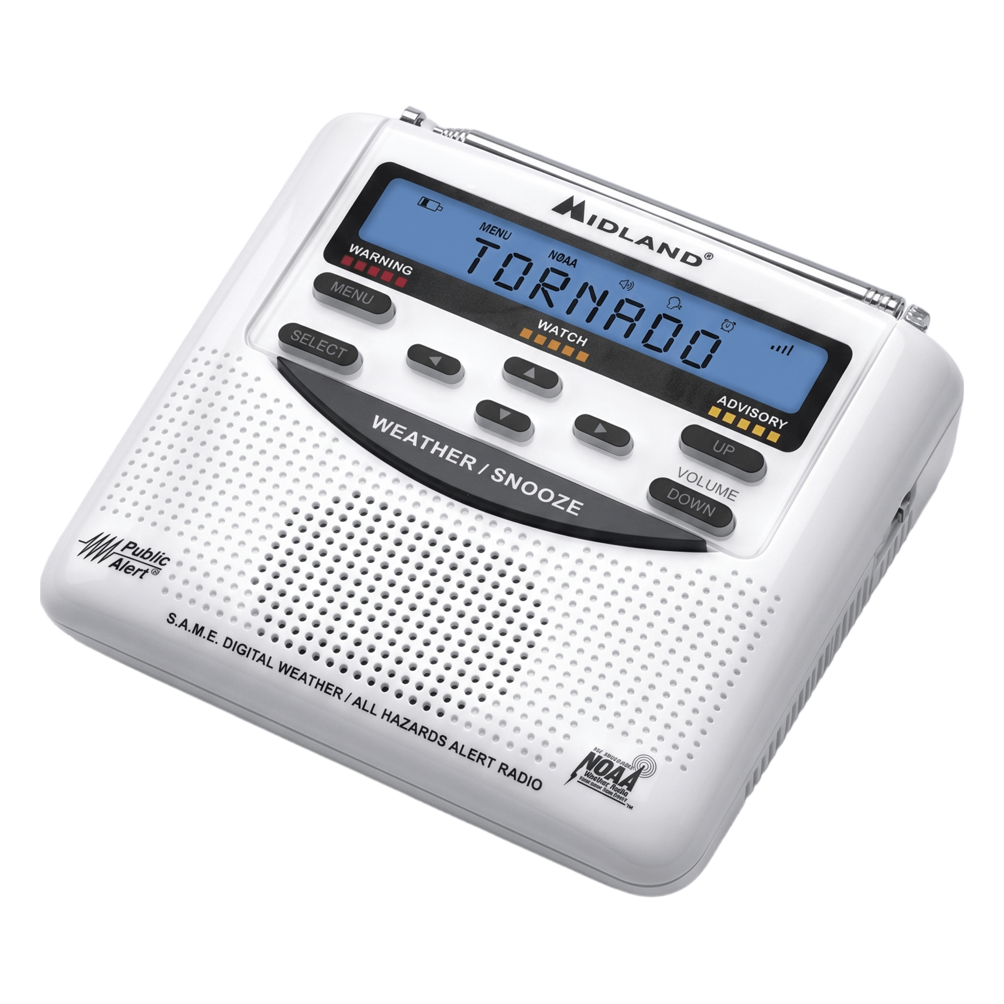 Radio de Alerta Meteorológica / 7 Canales NOAA / Tecnología S.A.M.E. / Sirena 90 dB / Respaldo por Baterías AA / Certificación Public Alert — MIDLAND · SKU WR-120DSP