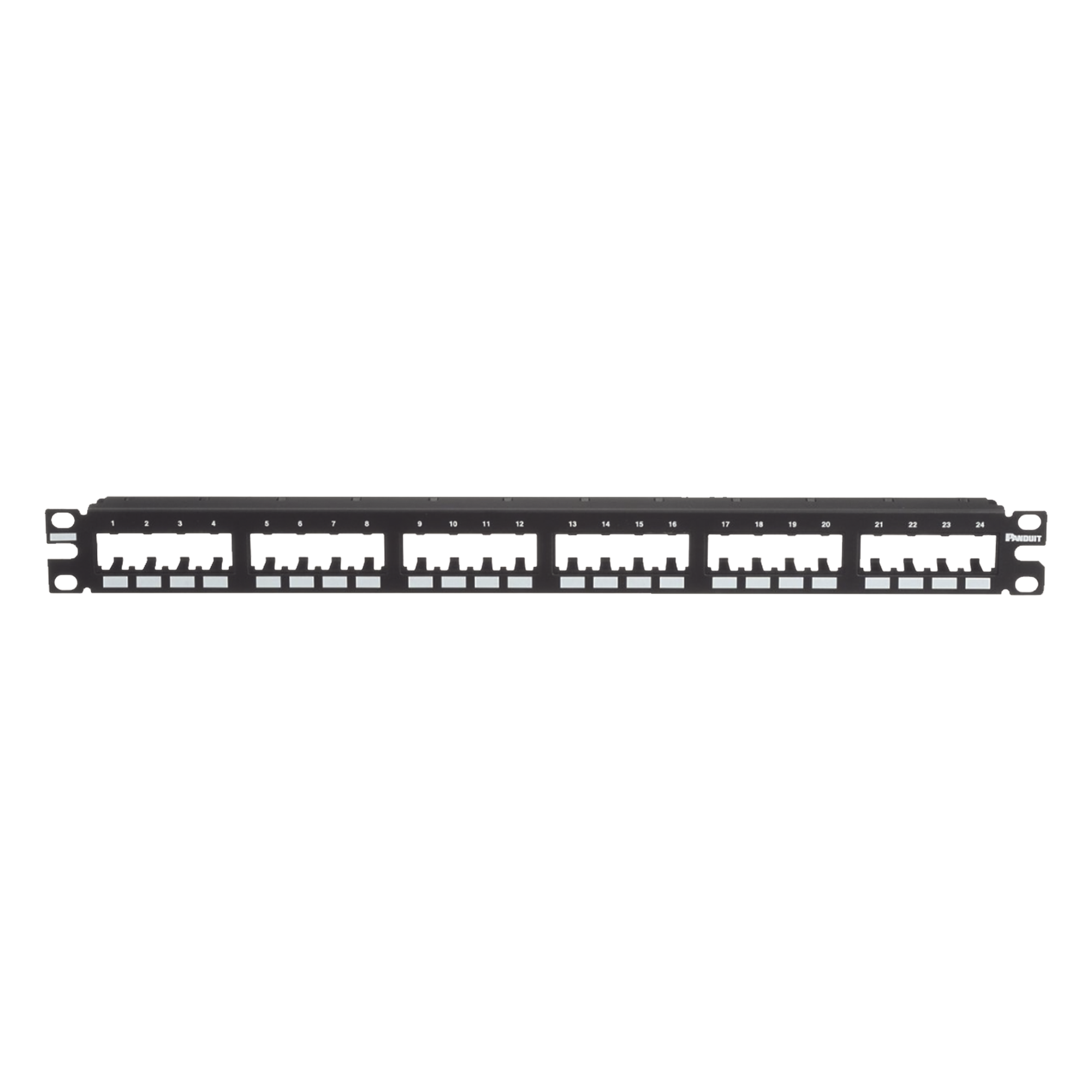 Panel de Parcheo Modular / 24 Puertos / 1UR / Montaje al Ras / 19" o 23" / Sin Blindaje / CRS y ABS — PANDUIT · SKU CPP24FMWBLY