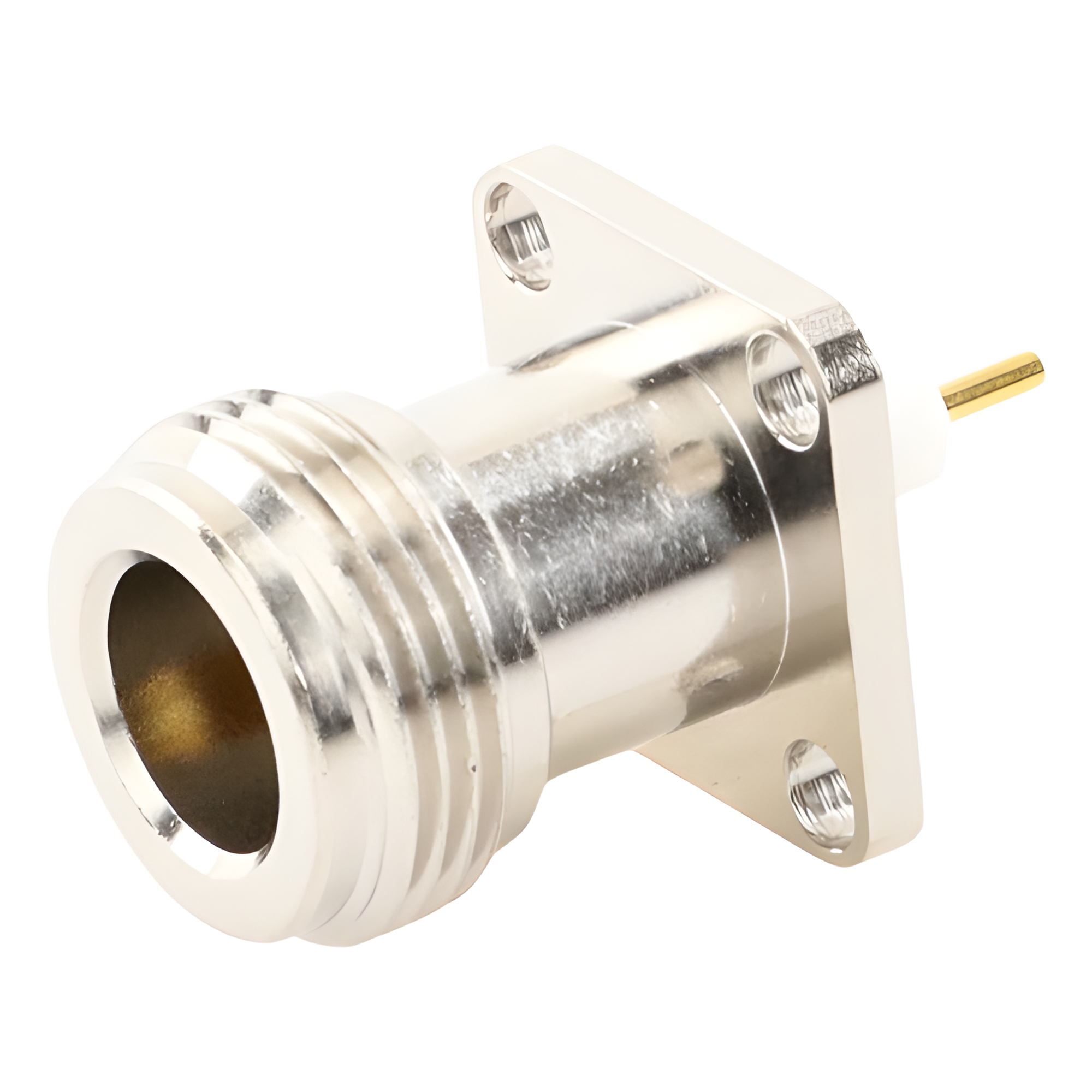 Conector RF N Hembra / Montaje Panel Cuadrado 17.5 mm / 4 Perforaciones 12.7 mm (0.5 in) / Soldable / Contacto Oro / Aislante Teflón