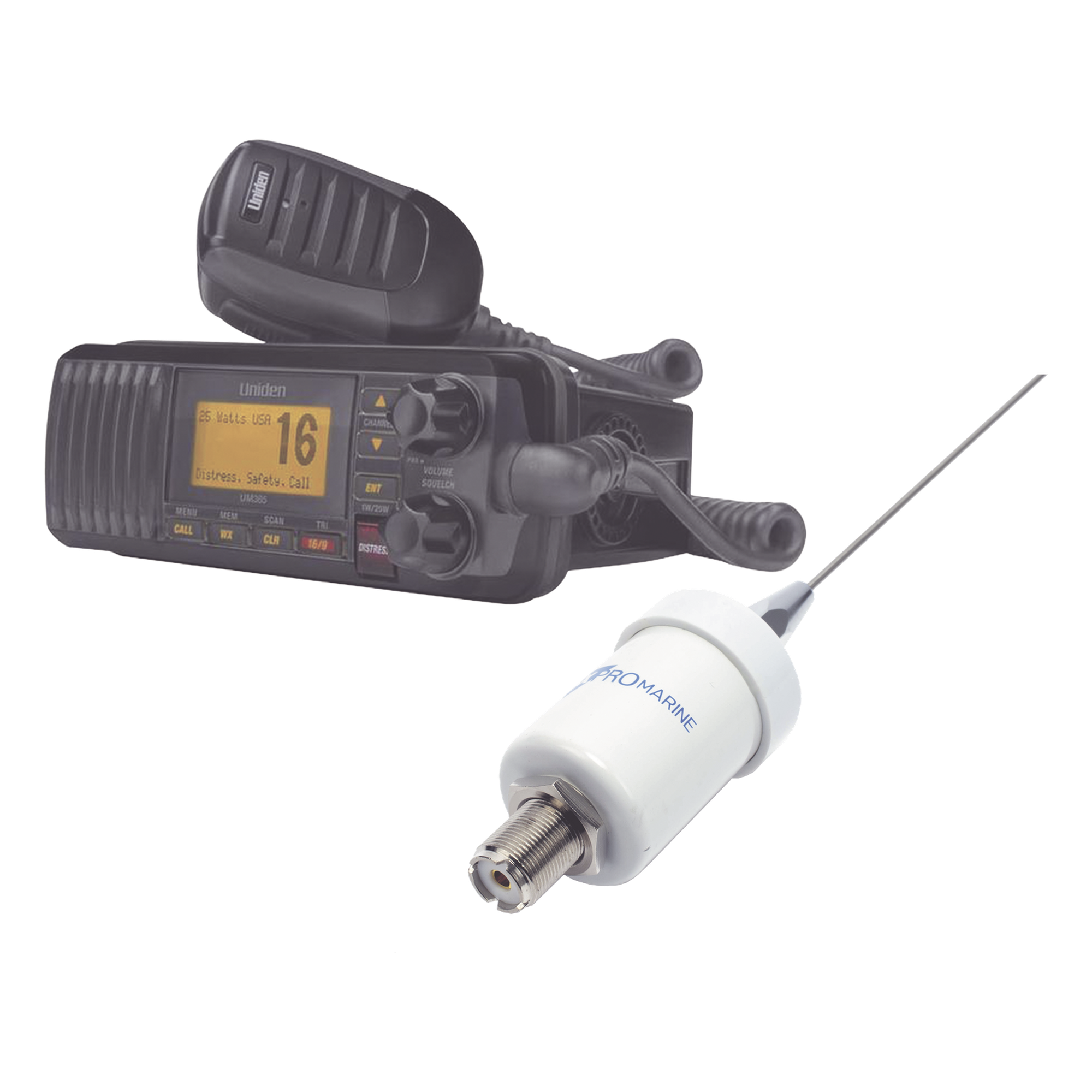 Kit de radio marina con antena de fibra de vidrio / 25W / GPS integrado / IPX4 / Cable 4.5 m (14.8 ft) — UNIDEN · SKU UM-385BK/KIT1600