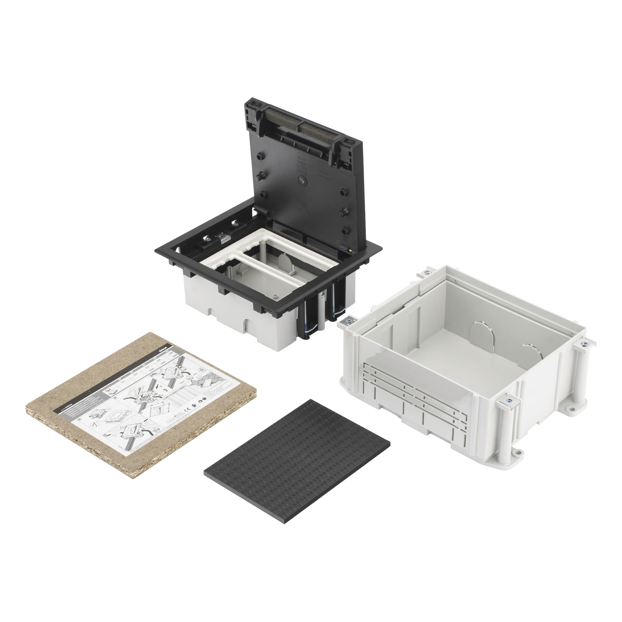 Caja de Suelo / 2 Módulos Dobles K45 / Profundidad Ajustable 70-100 mm (2.76-3.94 in) / Carga 1400 kg / Resistencia Térmica 125 °C / Antillama 850 °C / Registro para Concreto — SIMON · SKU SM-CPAV-2