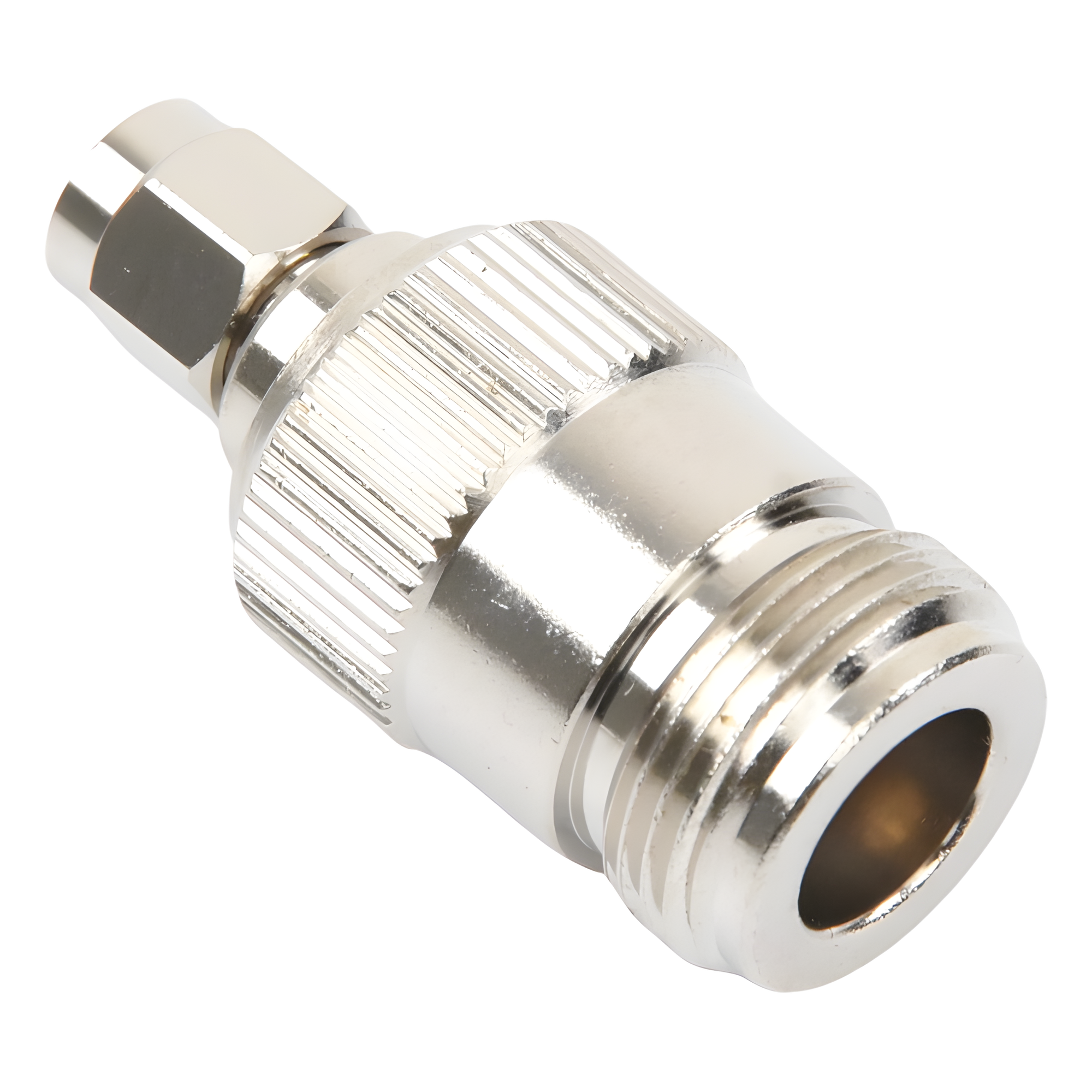 Adaptador Coaxial en Línea / SMA Macho Inverso a N Hembra / Frecuencia 18 GHz / Cuerpo Bronce Niquelado / Contacto Oro / Aislante Teflón