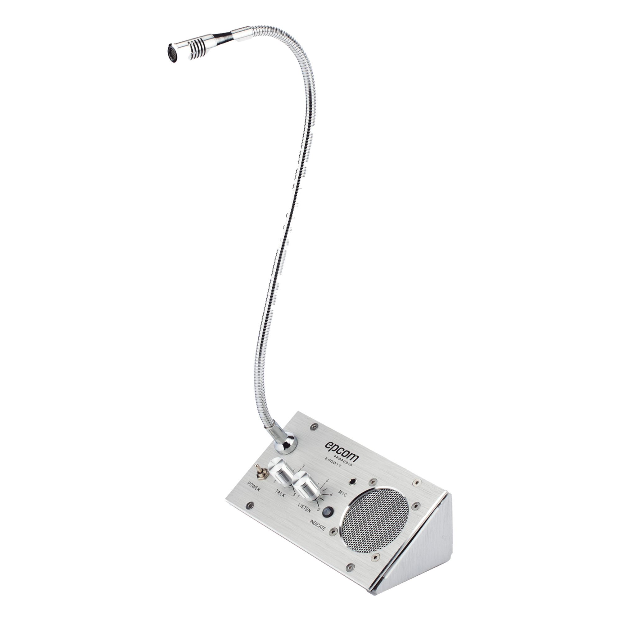 Sistema de Intercomunicación de Ventanilla / Audio Bidireccional / Captación 50 cm / Micrófono Dual Interior y Exterior / Carcasa de Aluminio Espacial / 12V / 2W — EPCOM PROAUDIO · SKU EP001T