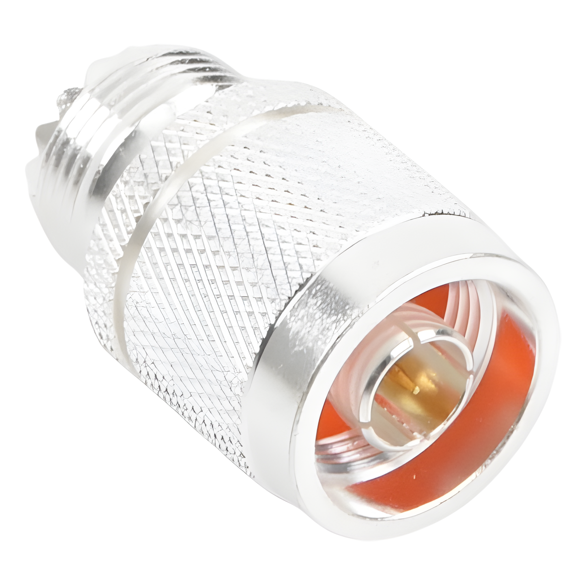 Adaptador Coaxial en Línea / Conector N Macho a UHF Hembra (SO-239) / Cuerpo Bronce Plateado / Contacto Oro / Aislante Teflón