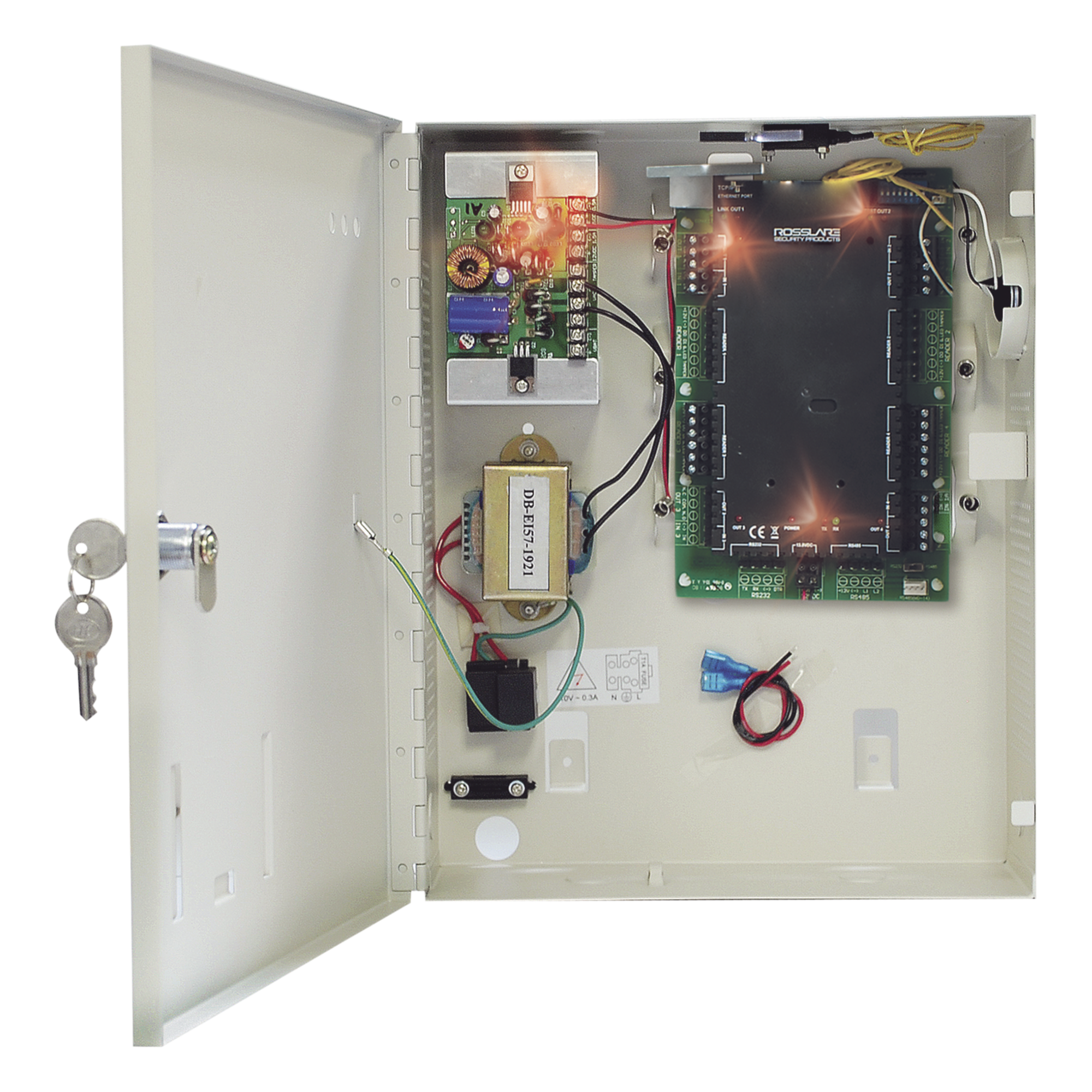 Controlador de Acceso para 2 Lectoras / 30,000 Tarjetas / Incluye Gabinete y Fuente de Alimentación — ROSSLARE SECURITY PRODUCTS · SKU AC-215IP-L