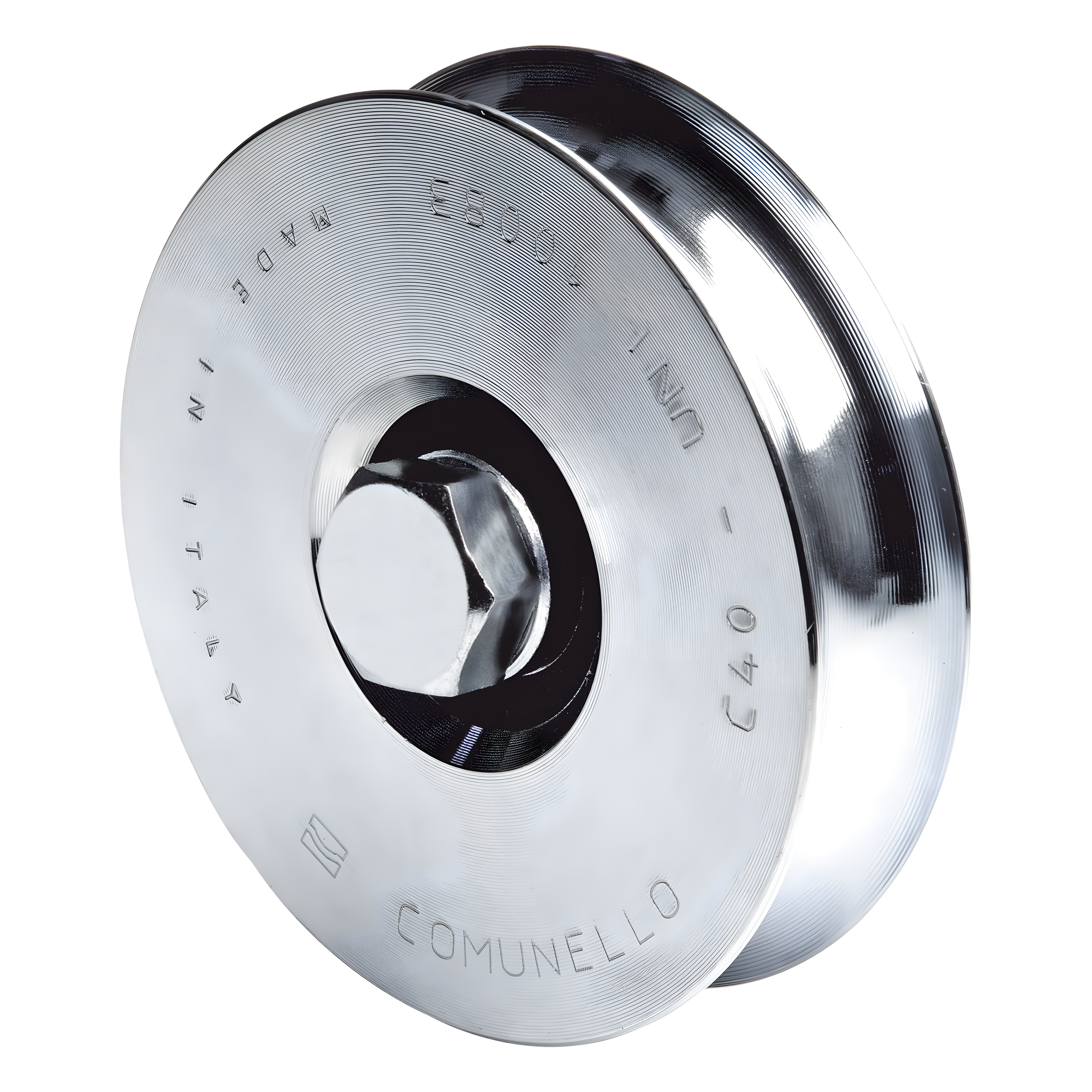 Rueda para Puerta Corrediza / 8 cm / Sin Soporte / Carga 200 kg / Montaje Inferior / Canal Tipo U — COMUNELLO · SKU 1150-4525-001