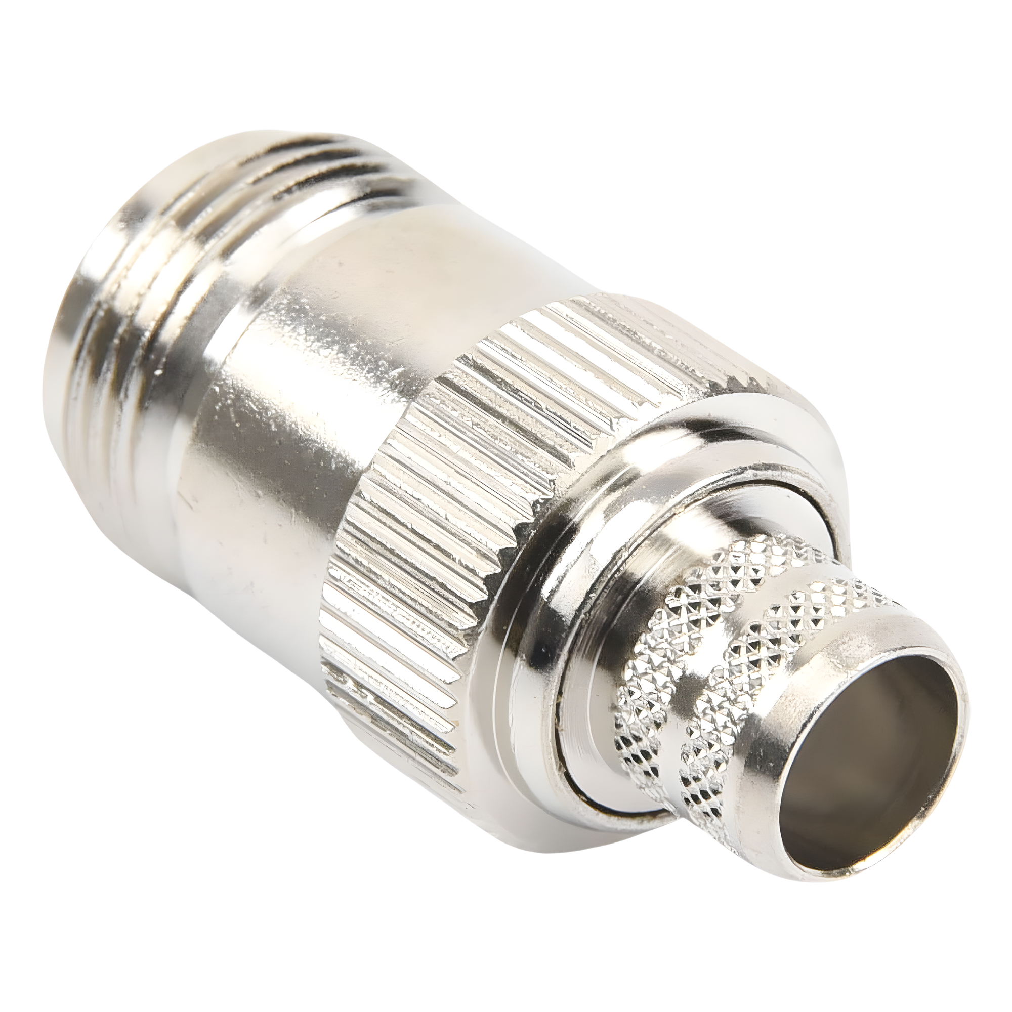 Conector RF Coaxial / N Hembra Inverso / Anillo Plegable / Cables RG-8/U, 9913, LMR-400 / Grupo I / Níquel-Oro-Teflón