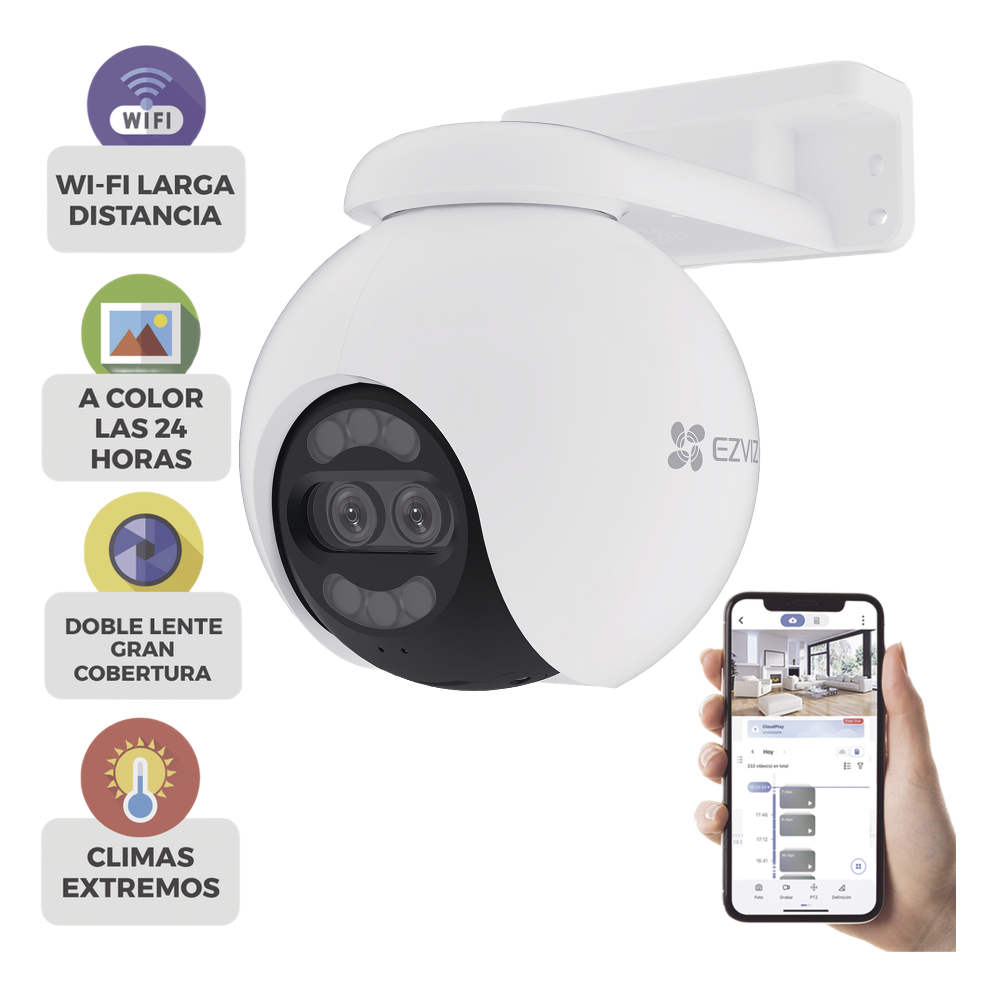 Cámara PT IP / 4K Ultra HD / Panorámica 360° / Visión Nocturna Color 30 m (98.4 ft) / Lente Dual / Wi-Fi / IP65 — EZVIZ · SKU CS-H80X