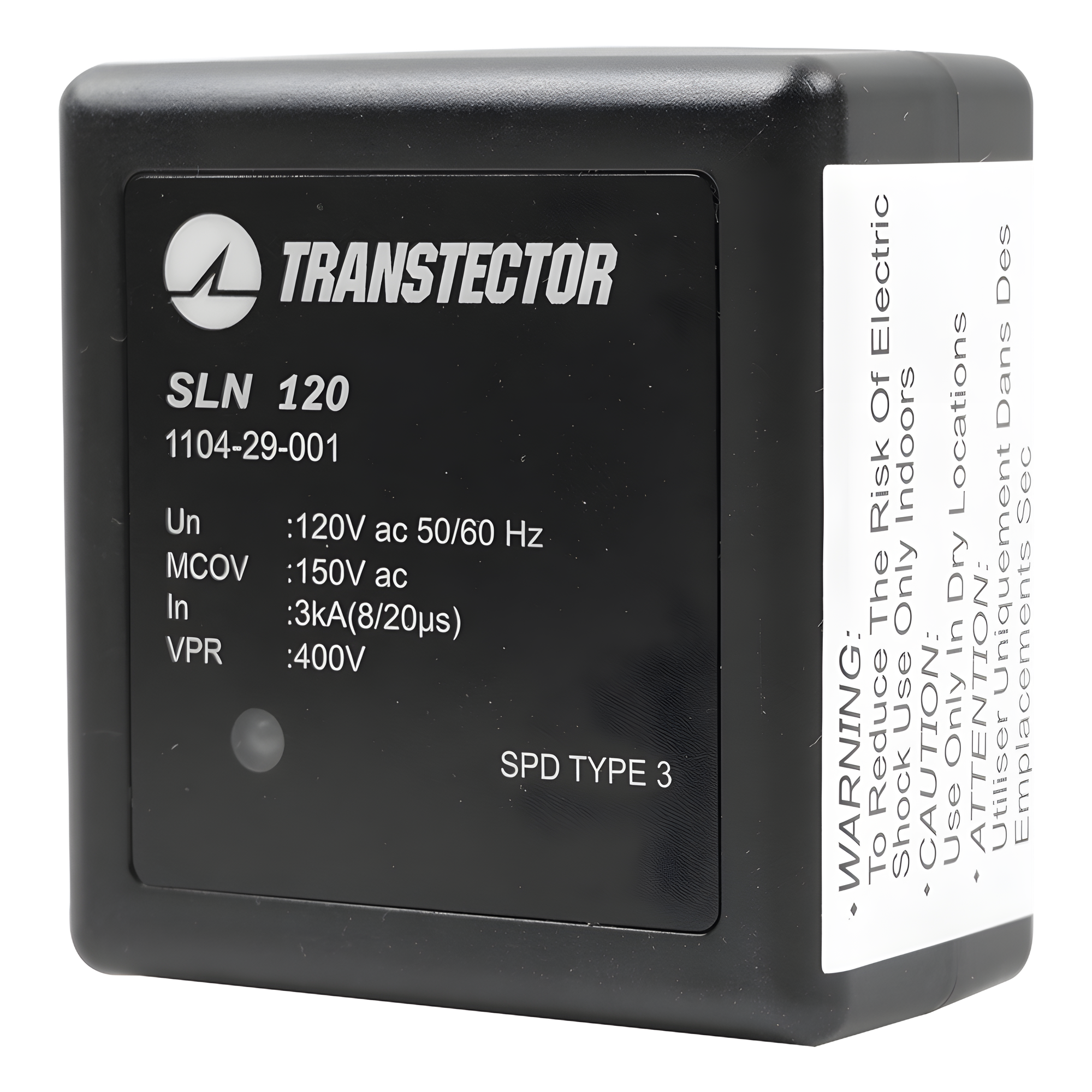 Protector Sobretensión / 120 VAC / SASD / 5 kA / NEMA 5-15R / Plug-in / UL 1449 / 2.4 x 2.8 x 2.9 in — TRANSTECTOR · SKU SLN-120