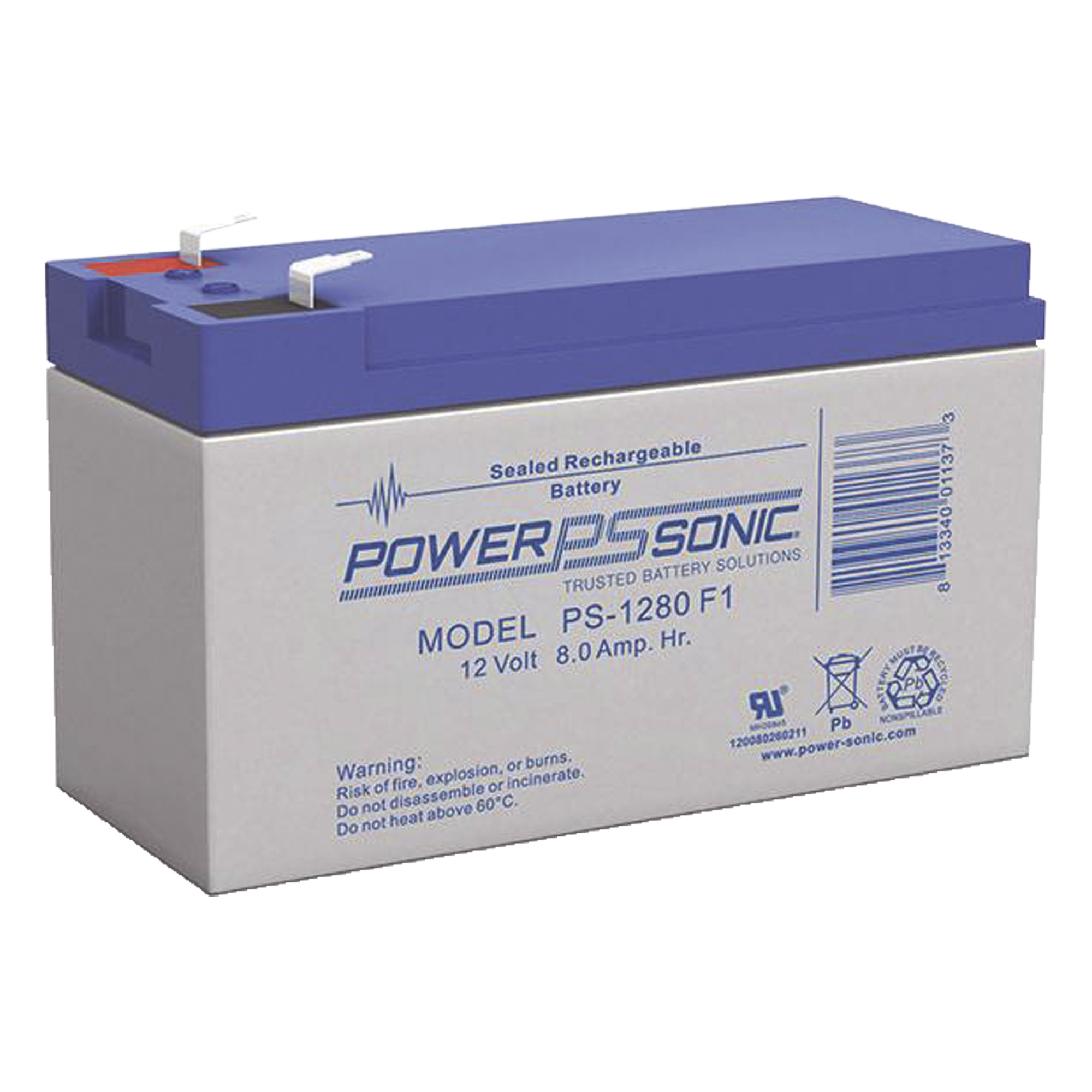 Batería de Respaldo AGM/VRLA / 12V / 8 Ah / Terminales F1 / Vida Útil 5 Años / Reconocimiento UL — POWER SONIC · SKU PS-1280-F1