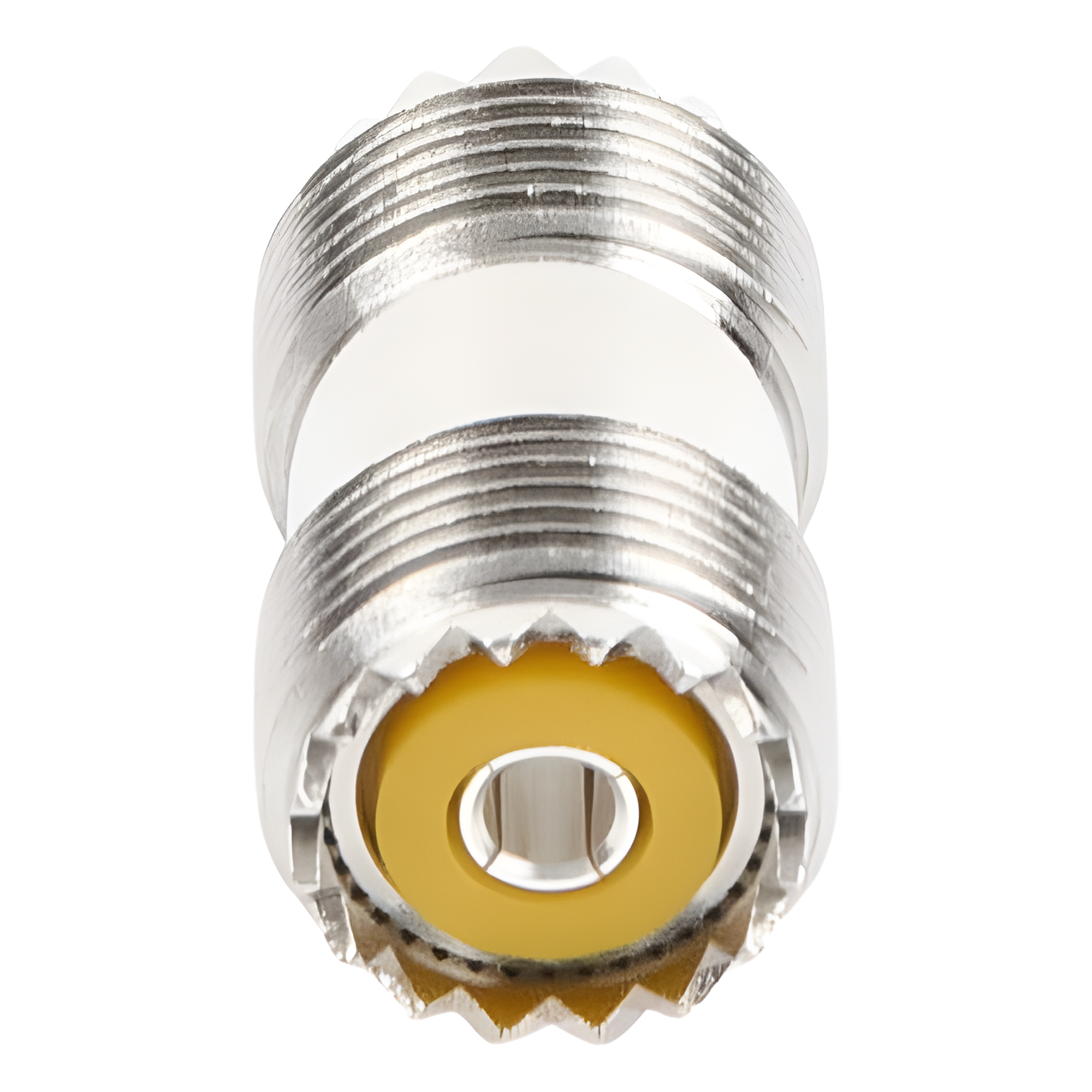 Adaptador Coaxial Barril / UHF Hembra SO-239 a UHF Hembra SO-239 / Montaje en Línea / Cuerpo Bronce Niquelado / Contacto Plateado