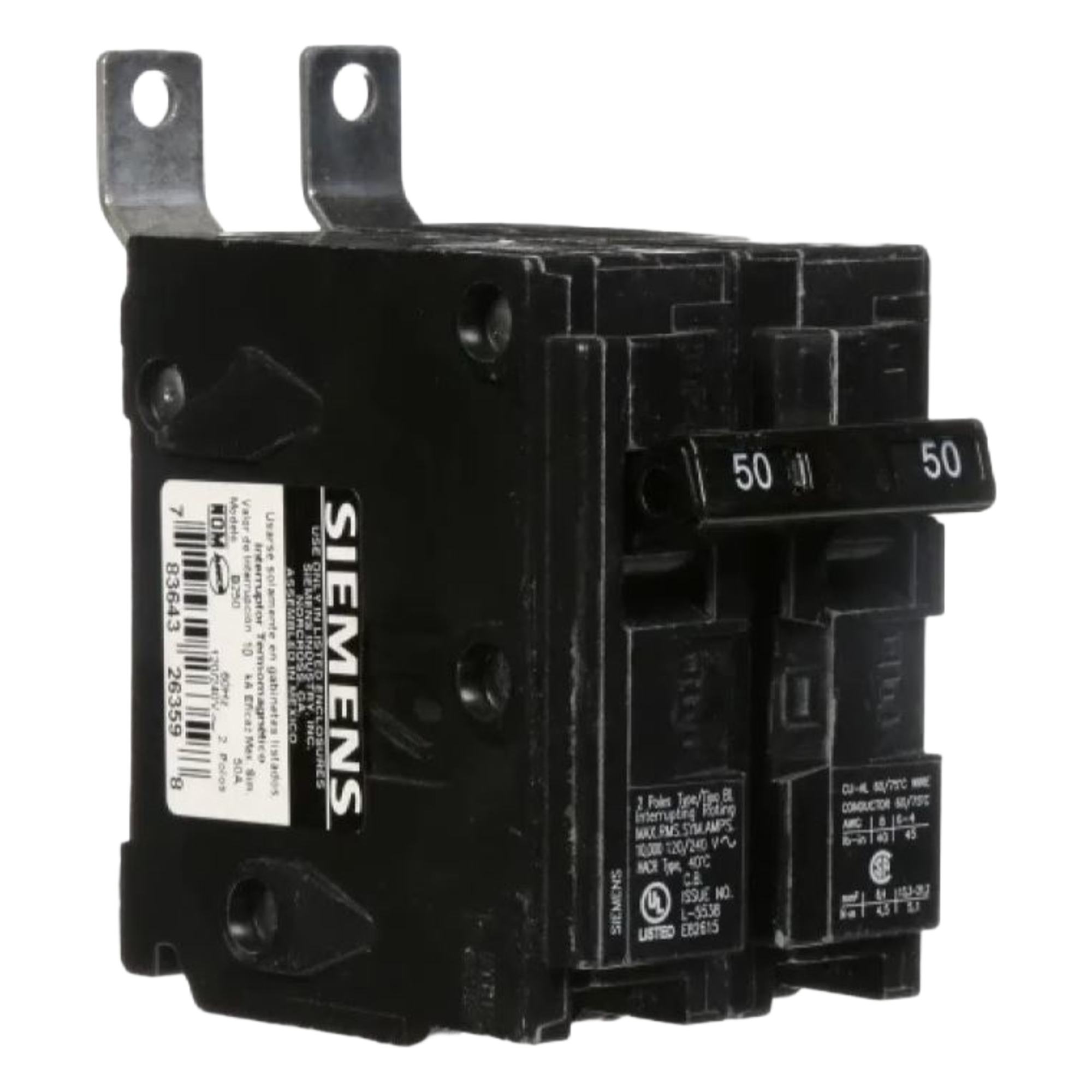 Interruptor Termomagnético / 2 Polos / 50 A / 120/240 V AC / 10 kA / Conexión por Tornillos — SIEMENS · SKU B250S