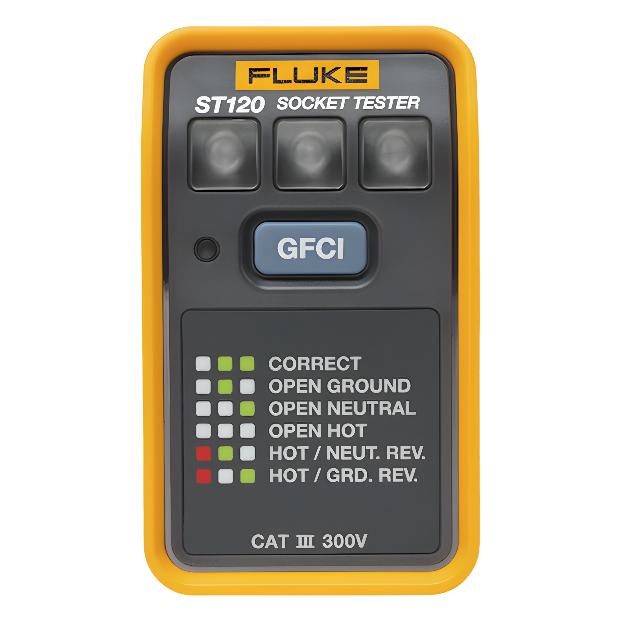 Probador de Tomacorriente / Identificación de 6 Estados de Cableado / LEDs de Alto Brillo / Prueba GFCI / CAT III 300V — FLUKE · SKU ST120