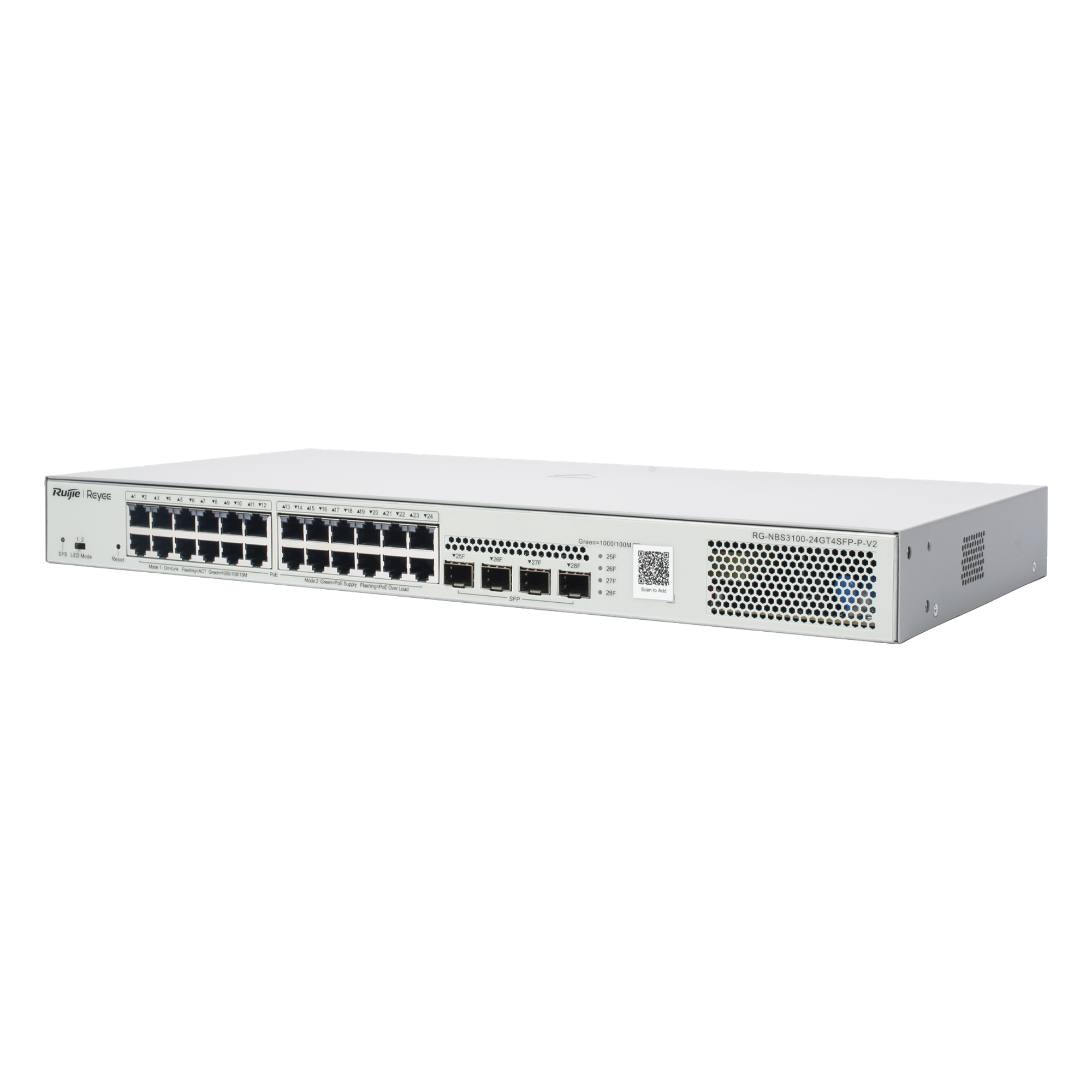 Switch Administrable L2 PoE+ / 24 Puertos Gigabit / 4 SFP Uplink 1G / 370W / Capacidad 56 Gbps / Protección 6 kV / 1U Rack