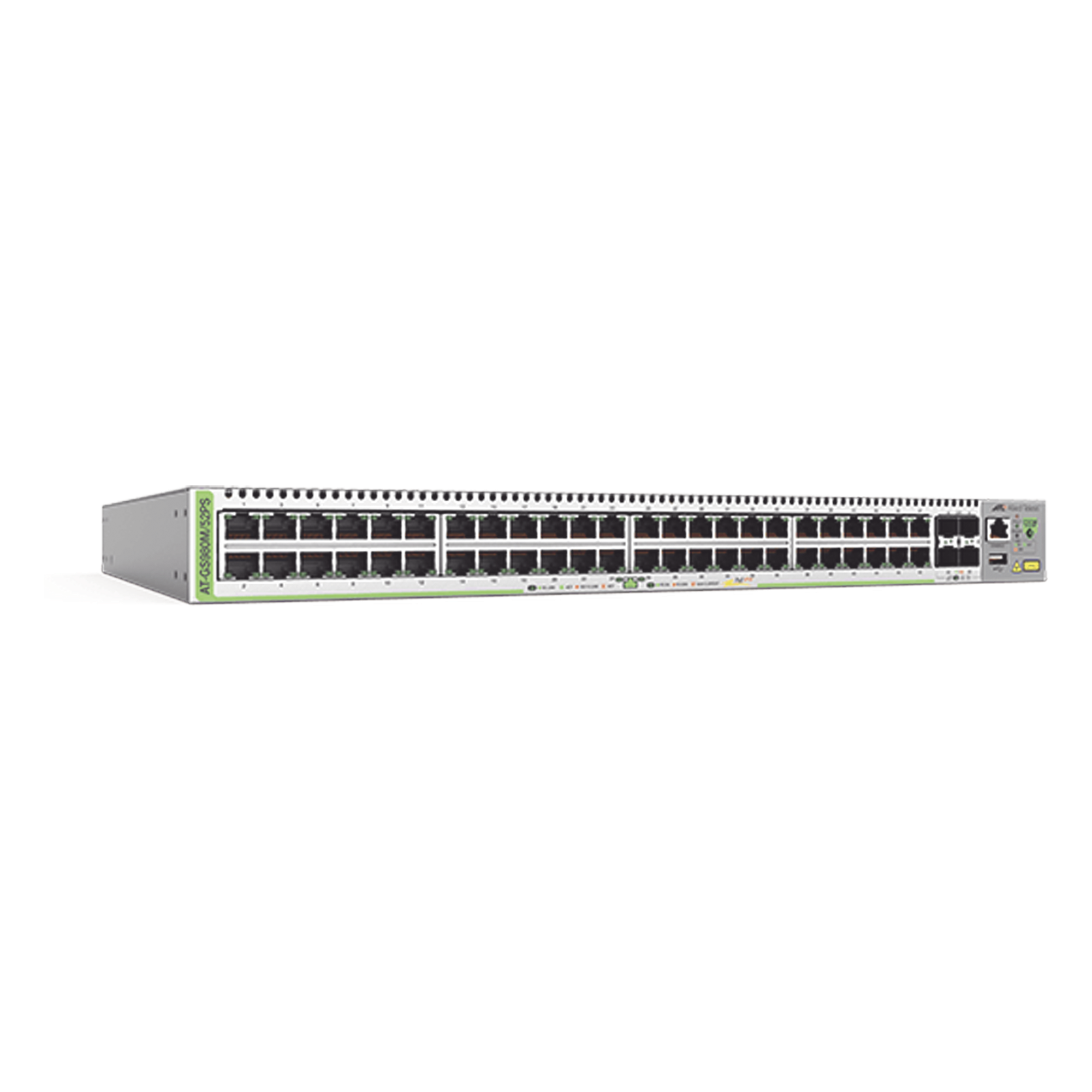 Switch PoE+ Administrable Capa 3 / 48 Puertos Gigabit + 4 SFP / 740 W PoE+ / 104 Gbps / 77.4 Mpps — ALLIED TELESIS · SKU AT-GS980M/52PS-10