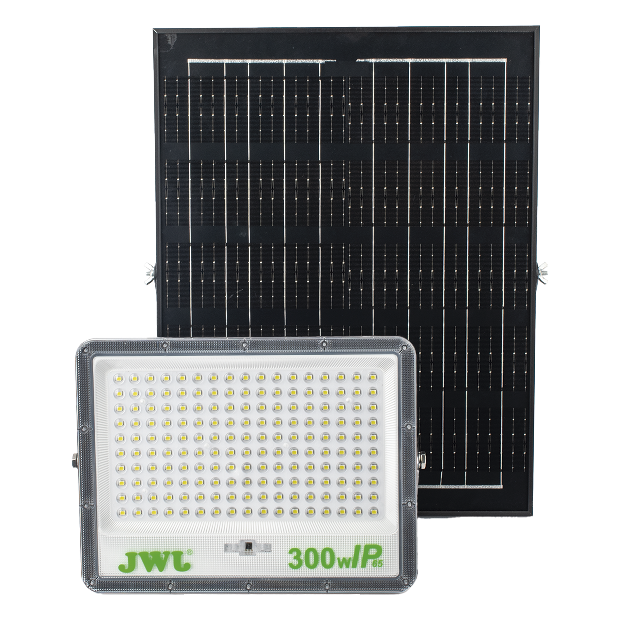 Reflector LED Solar / 300 W / Luz Blanca 6500 K / Ángulo 120° / IP65 / Control Remoto / Panel Solar Incluido — JWJ · SKU JLRE-SOL-01-300N