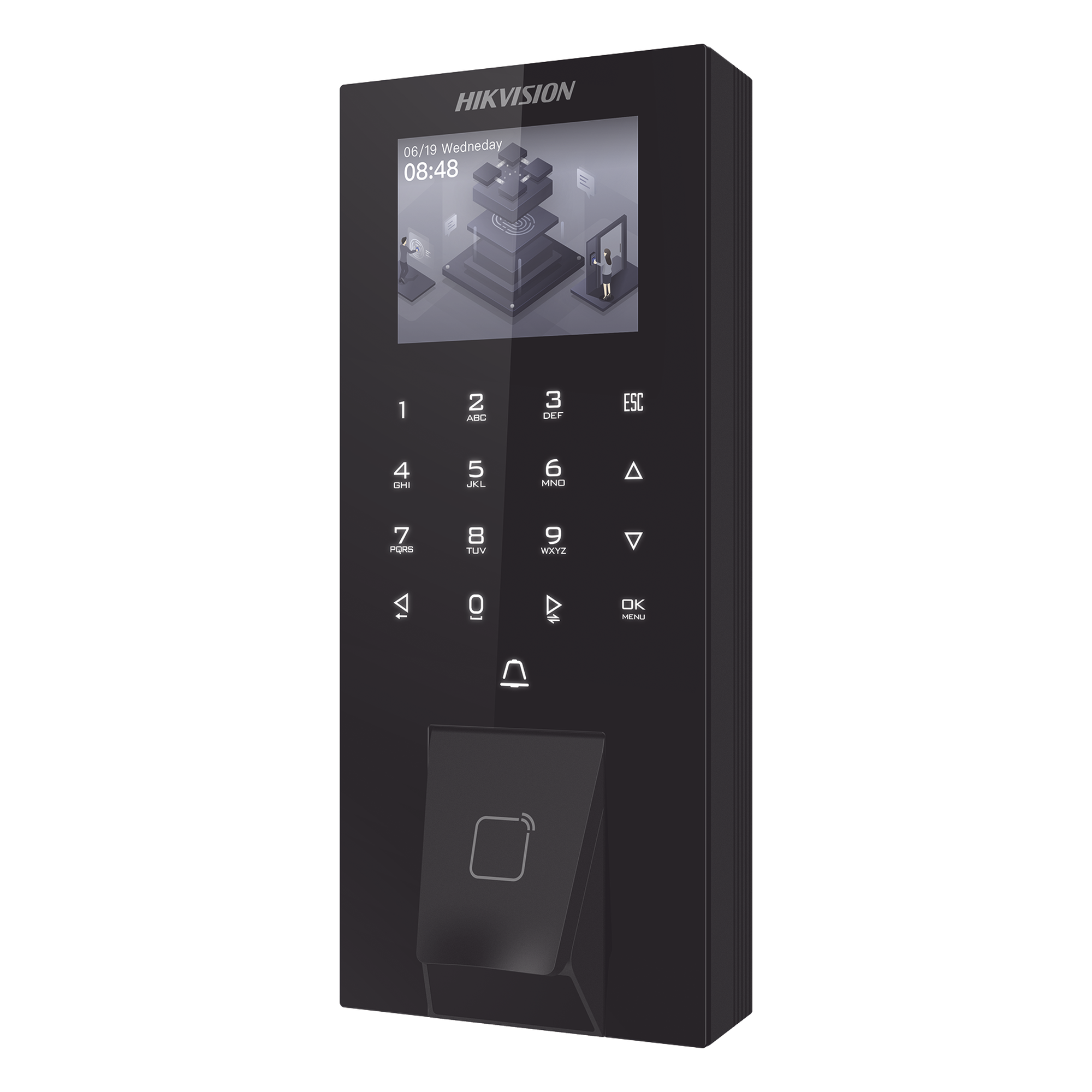 Terminal de Control de Acceso Biométrico / Huella + Tarjeta M1 + PIN + Bluetooth / 5,000 Huellas / 150,000 Eventos / Pantalla LCD Táctil 2.4 / IP65 / PoE / Wi-Fi / Bluetooth — HIKVISION · SKU DS-K1T807MBFWX-E1