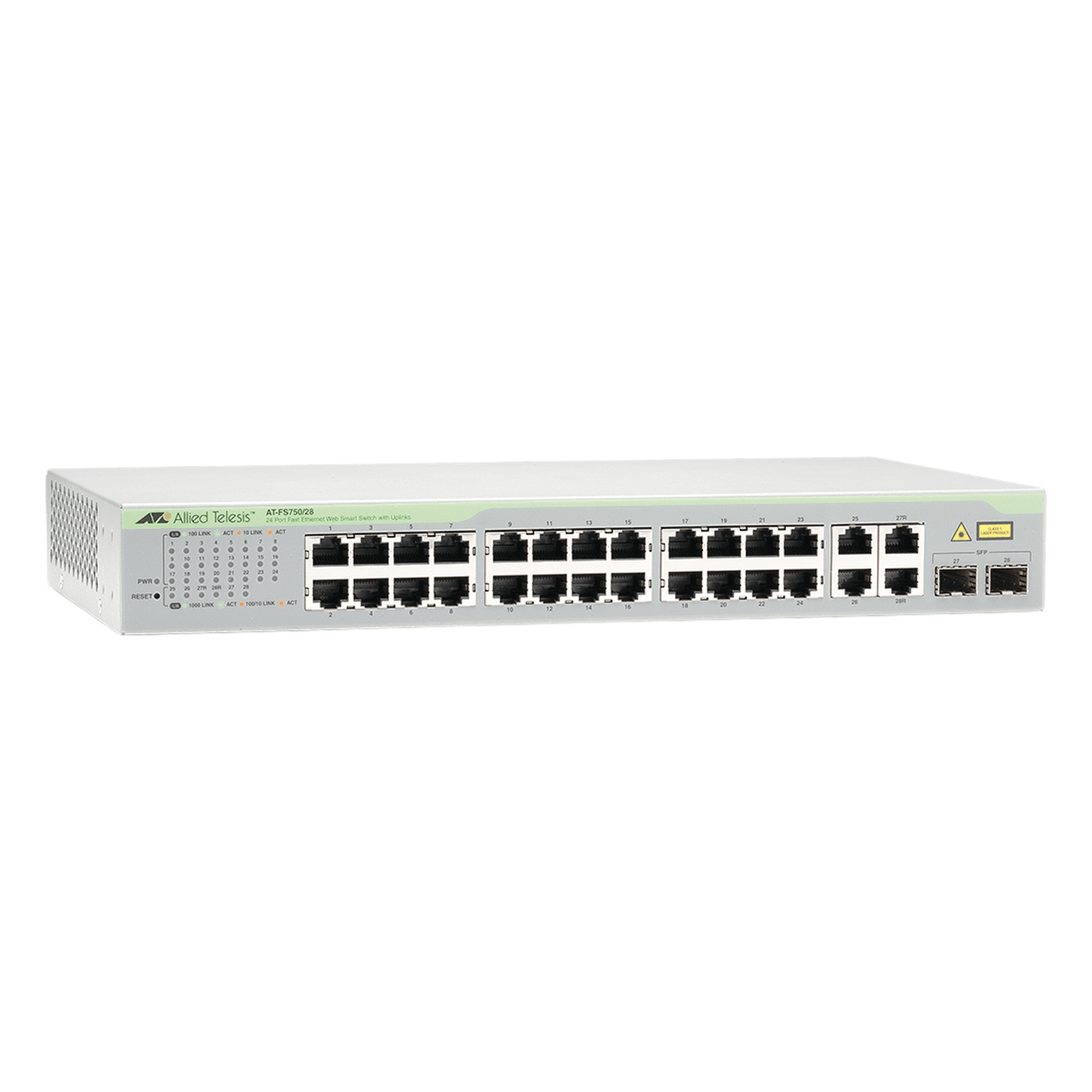 Switch WebSmart / 24x FE 10/100 Mbps / 2x GE 10/100/1000 Mbps / 2x SFP Gigabit Combo / 12.8 Gbps Switching Fabric — ALLIED TELESIS · SKU AT-FS750/28-10