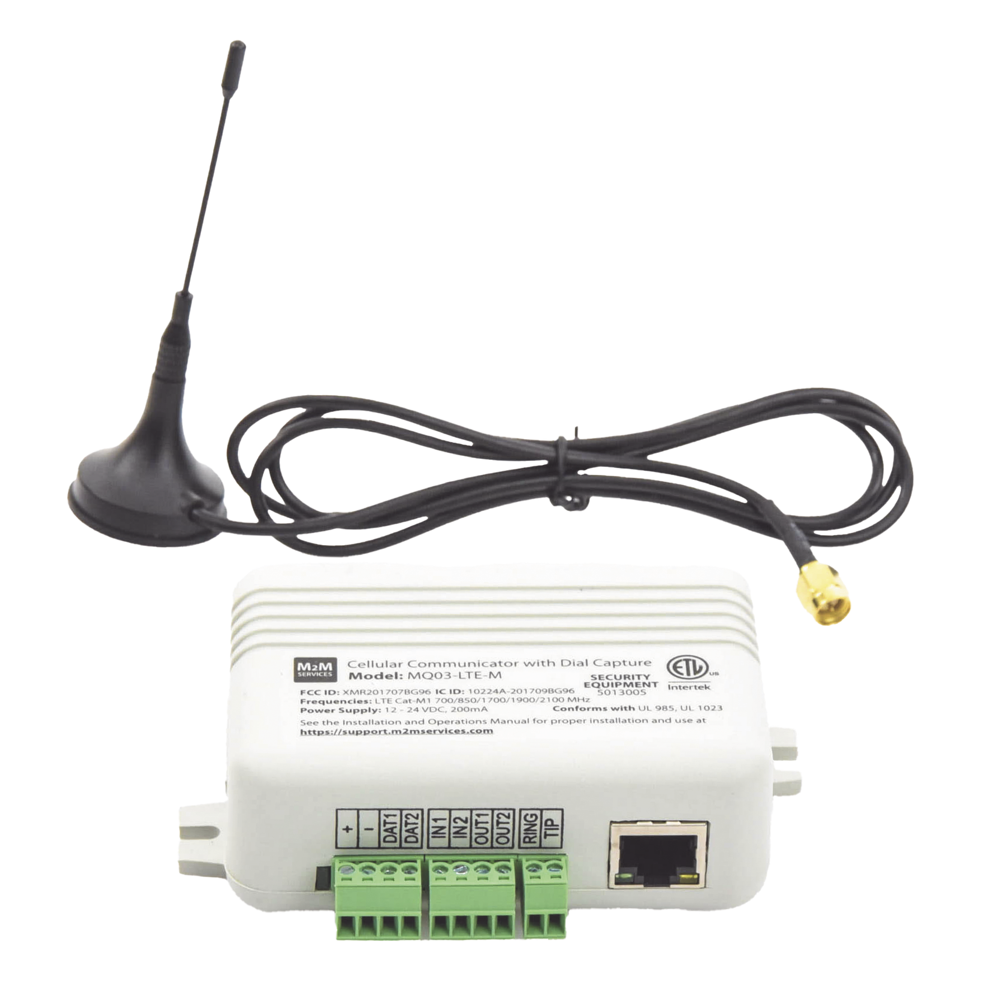 Comunicador de Alarma Dual / Ethernet + 4G LTE/5G / 2 Entradas y 2 Salidas / 64 Zonas / 100 Usuarios — M2M SERVICES · SKU MQ03-LTE-M-LAN