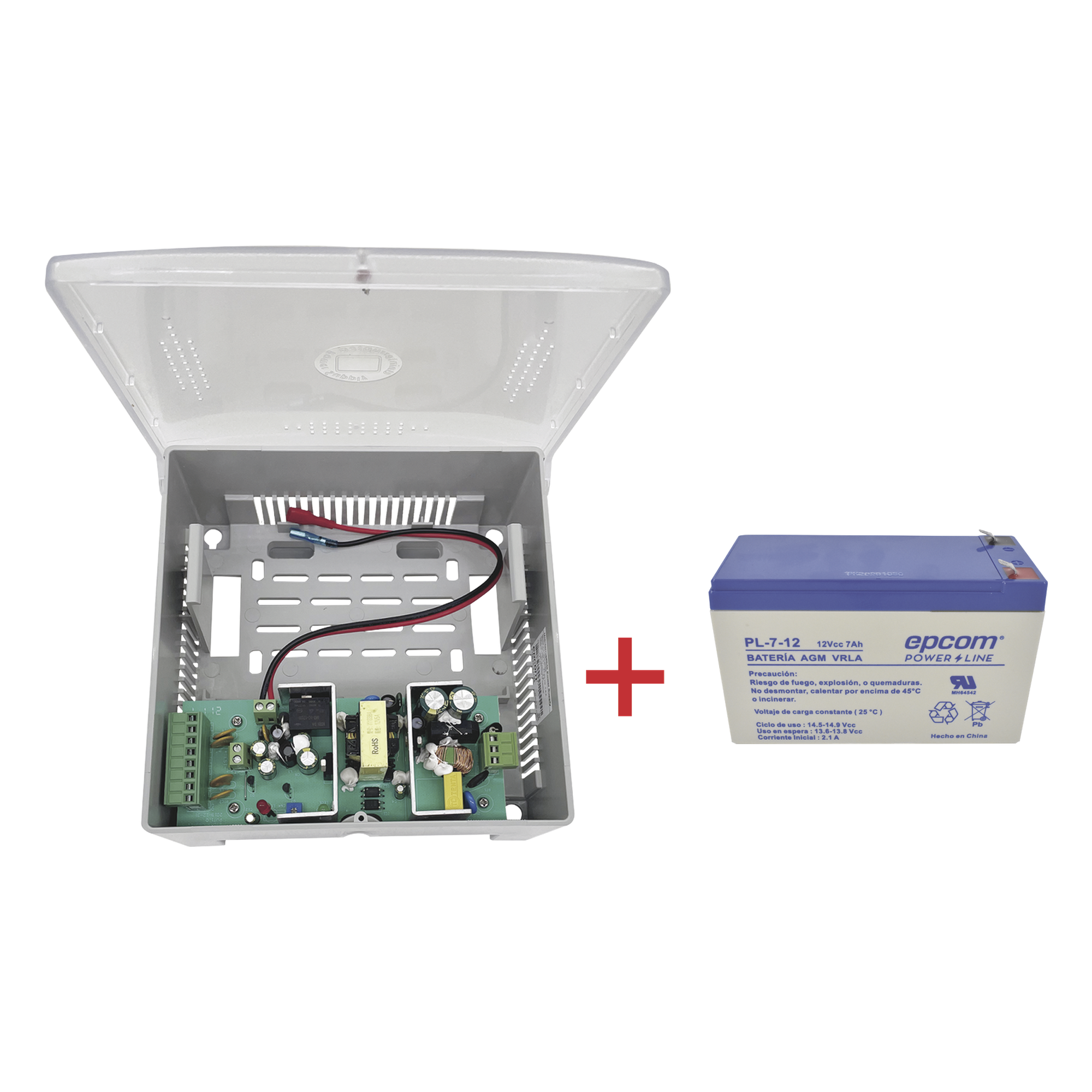 Fuente de Alimentación con Batería de Respaldo / 4 Salidas 1.25 A / Salida Ajustable 11-15 VCC 5 A / Entrada Universal 96-264 VCA / Batería AGM 12 V 7 Ah — EPCOM POWERLINE · SKU PS12DC4PBK/K