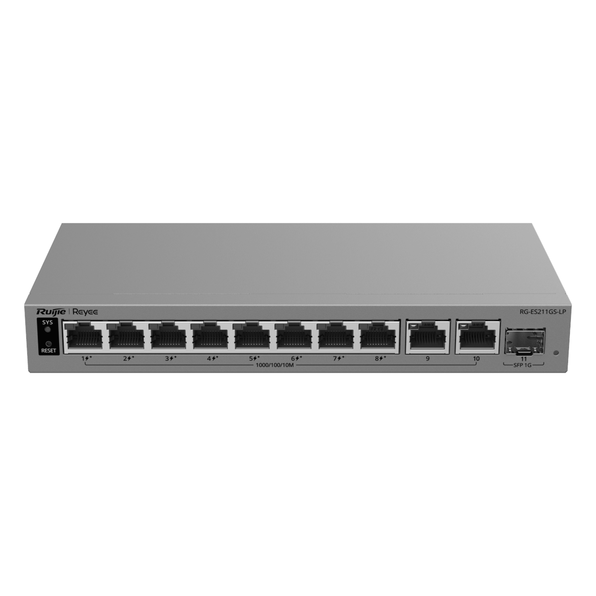 Switch Layer 2 Smart Cloud-Managed / 11 Puertos Gigabit / 8 Puertos PoE+ 70 W / 1 Puerto SFP Uplink / Protección 6 kV / Fanless — RUIJIE · SKU RG-ES211GS-LP