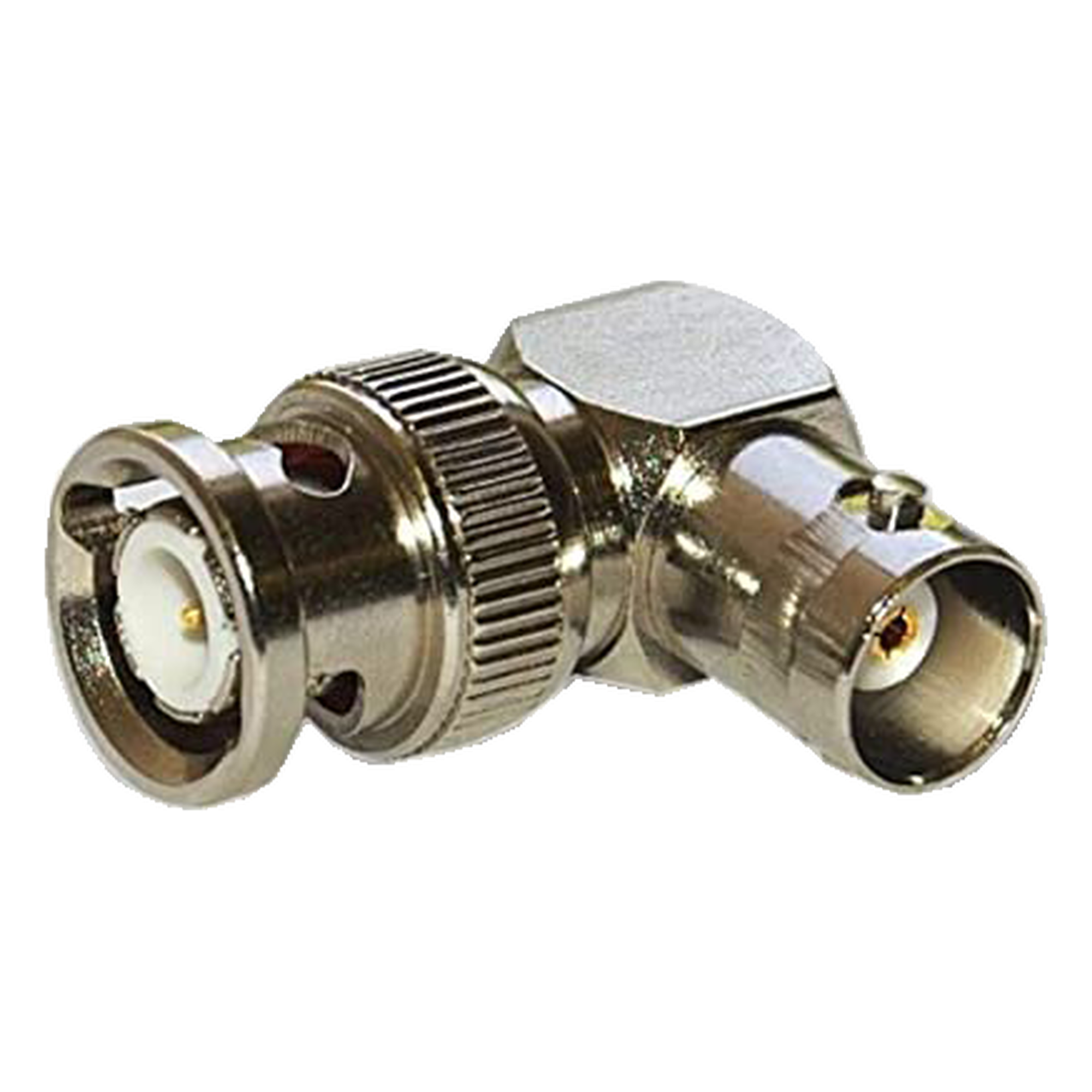 Adaptador RF / BNC Macho a Hembra / Ángulo Recto / 50 Ohm / Cuerpo Niquelado / Contacto Plateado / Aislante Teflón — RF INDUSTRIES,LTD · SKU RFB-1132