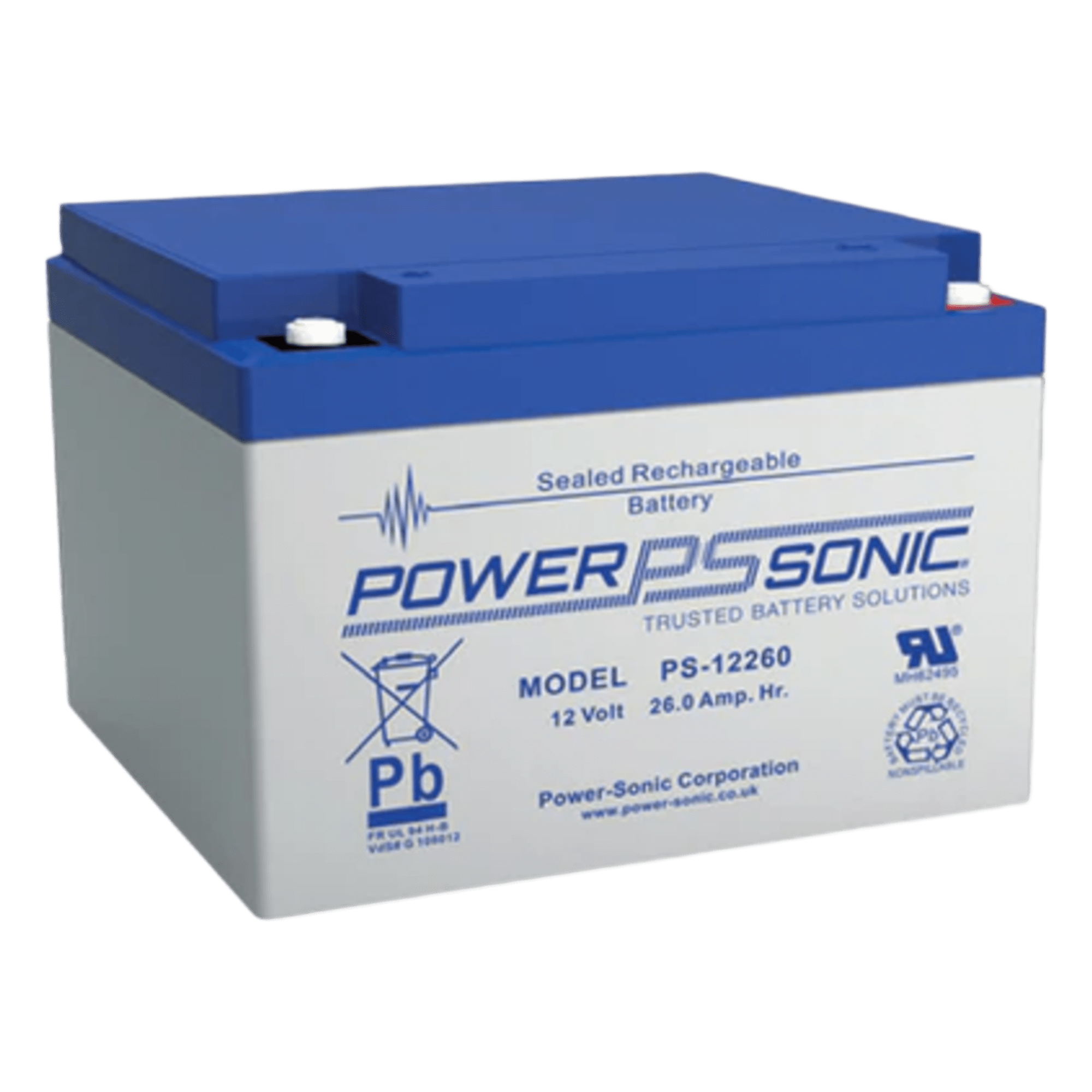 Batería de Respaldo AGM/VRLA / 12V / 26Ah / Terminales M5 / Vida Útil 5 Años / UL Reconocida — POWER SONIC · SKU PS-12260-M5