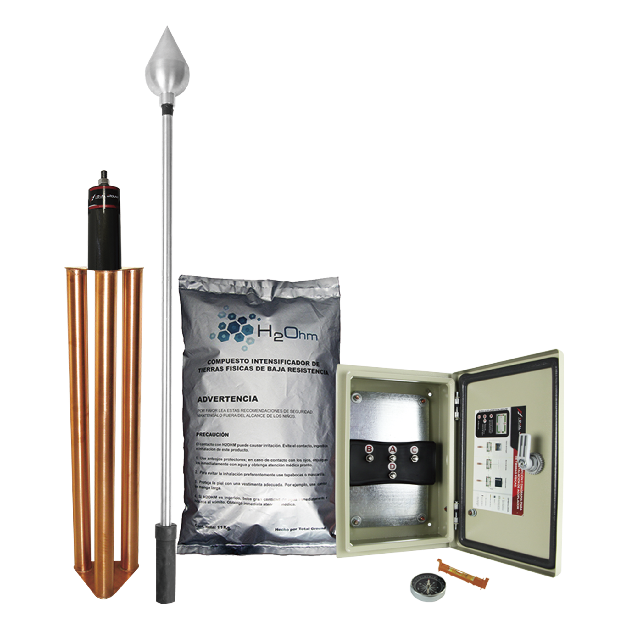 Kit de Pararrayo / Protección 160 m (524.9 ft) de Diámetro / Punta Aluminio / Mástil 1.2 m (3.9 ft) / Electrodo 100 A / Mejorador de Suelo 11 kg — TOTAL GROUND · SKU KDA-01-ALU