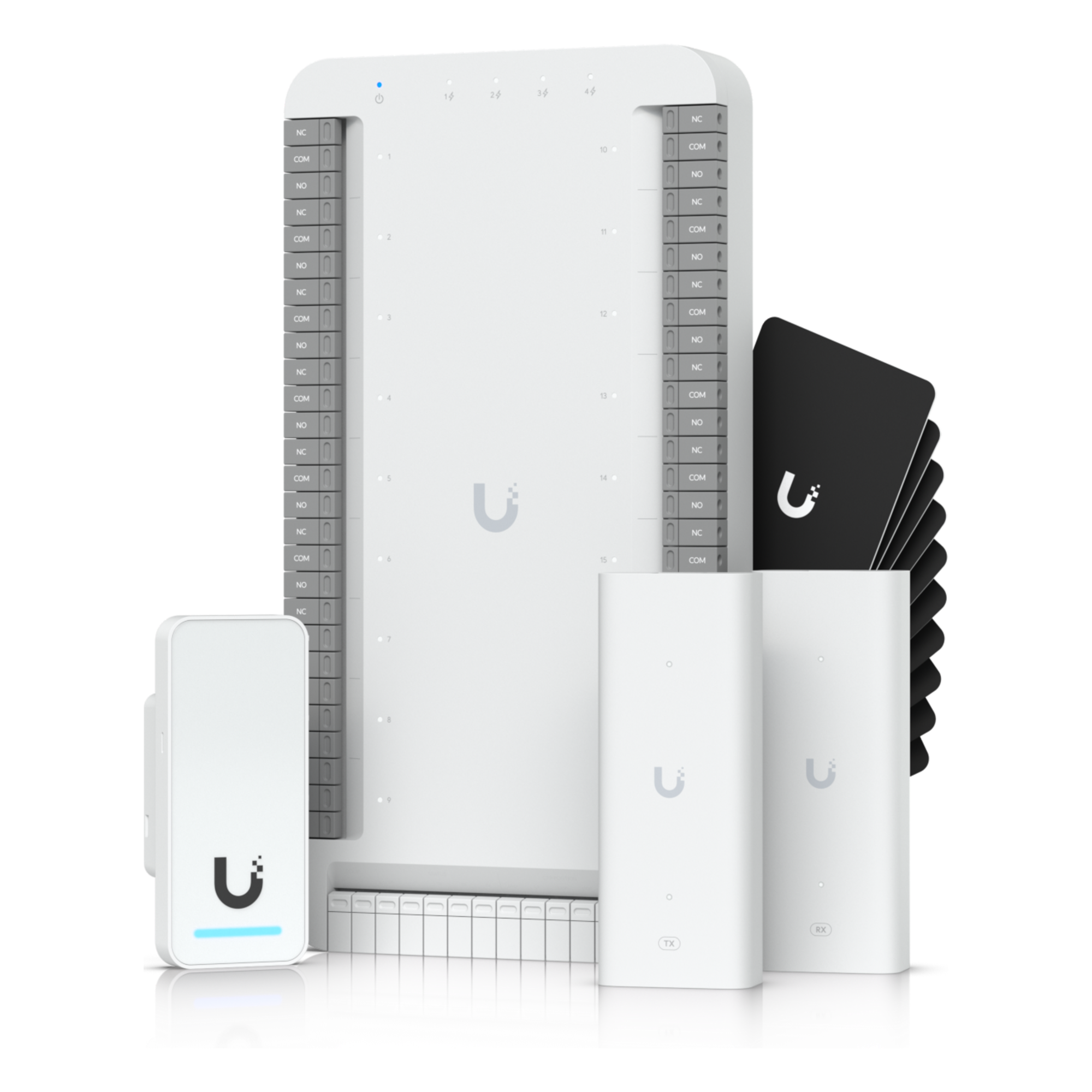 Kit de Control de Acceso para Elevador / Hasta 18 Pisos / PoE++ / 4 Puertos Gigabit / Hub + Lector G2 + 2 Extensores PoE / 10 Tarjetas de Acceso / Interior y Exterior — Ubiquiti Inc · SKU UA-SK-ELEVATOR