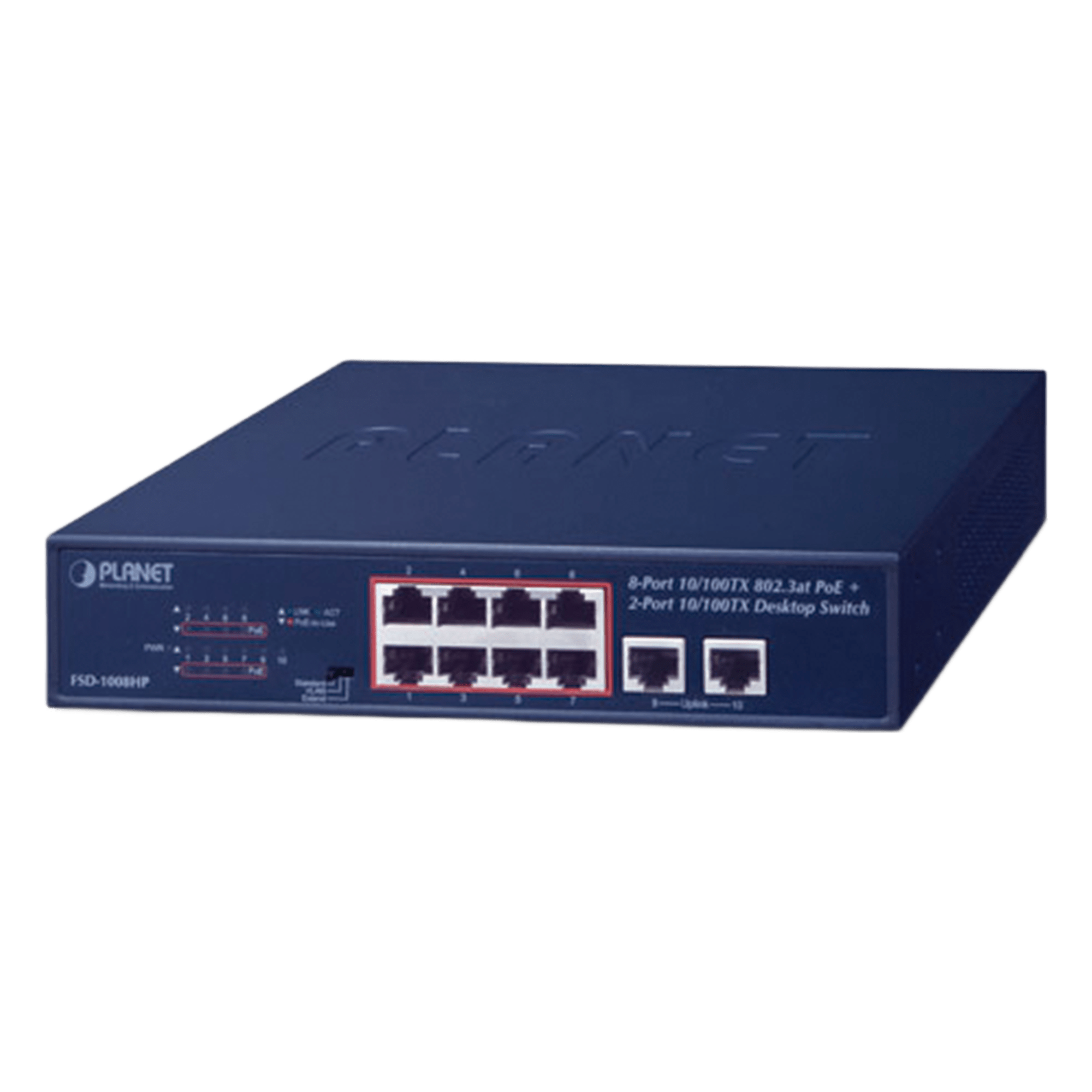 Switch de Escritorio / 8 Puertos 10/100TX PoE+ / 2 Puertos 10/100TX / 120W PoE Budget / Alcance Extendido 250m (820 pies) — PLANET · SKU FSD-1008HP