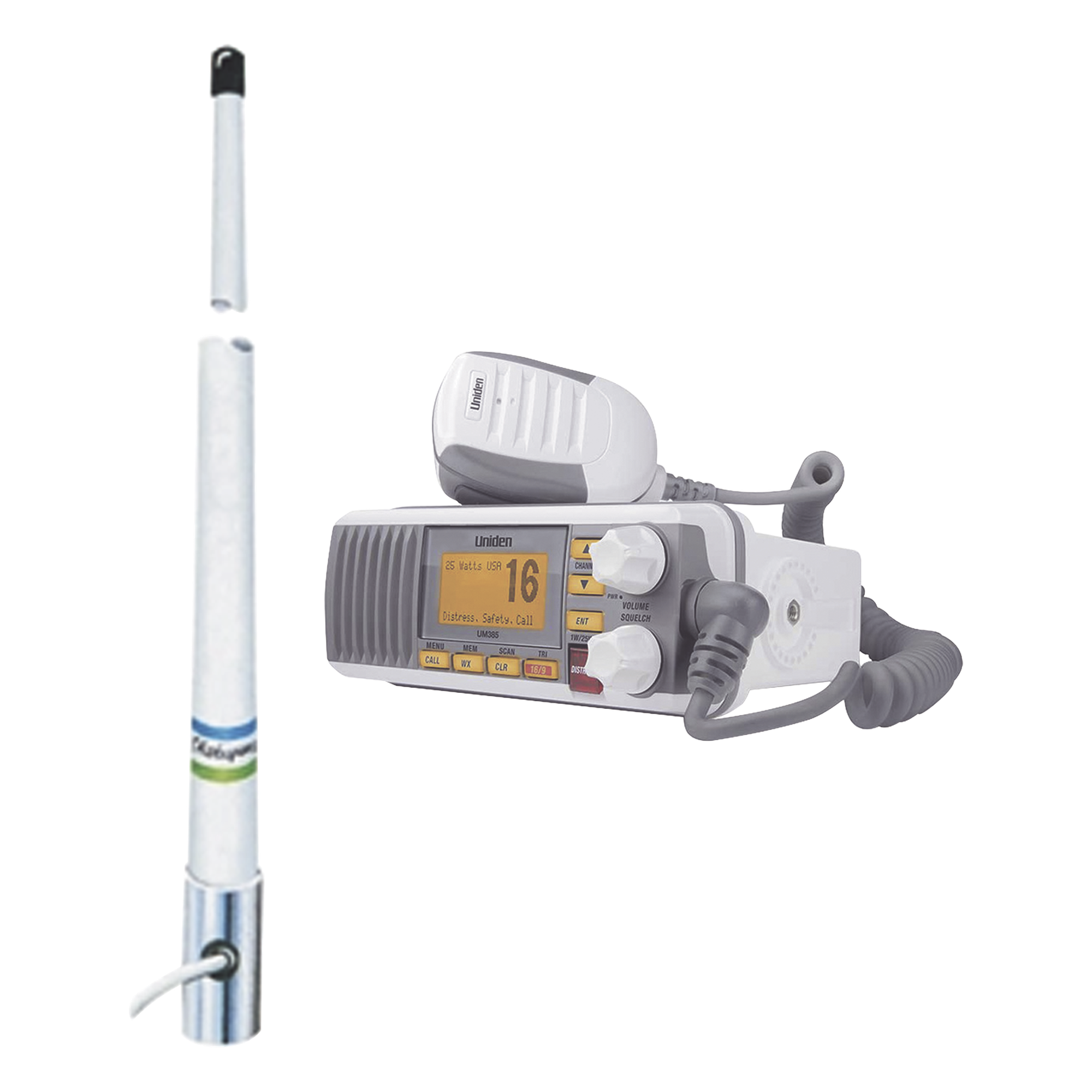 Radio Móvil VHF Marino / 25 Watts / IPX4 / GPS / DSC Clase D / Frecuencia 156-163 MHz / Pantalla LCD Grande — UNIDEN · SKU UM385/5101