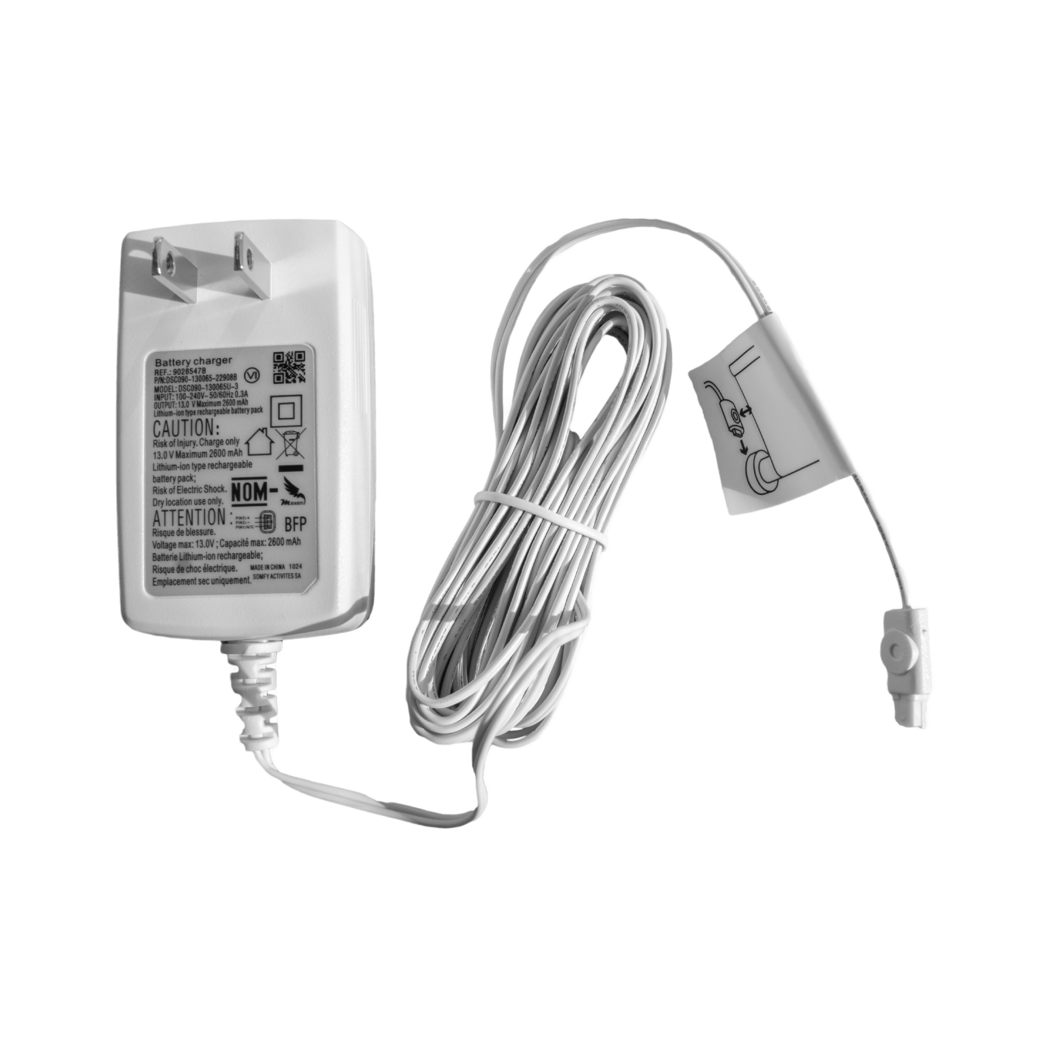 Cargador para motores inalambricos SOMFY Altus28 y Sonesse30, validar conector del motor. 