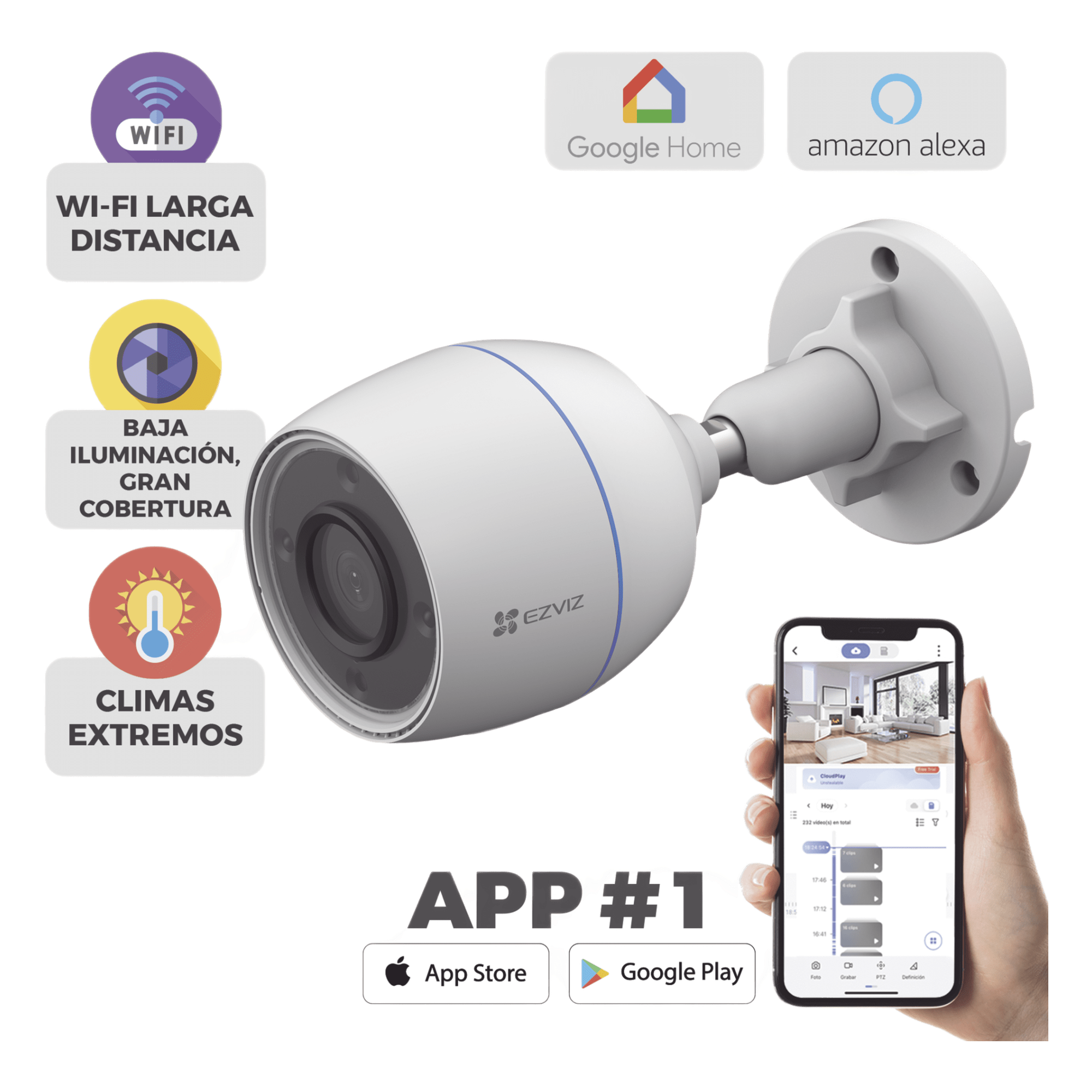 Kits de Videovigilancia — Cámara Bala IP / 2 Megapixel / Wi-Fi 2.4 GHz / Lente 4 mm 82° / IP67 / Micro SD 512 GB / Audio Integrado