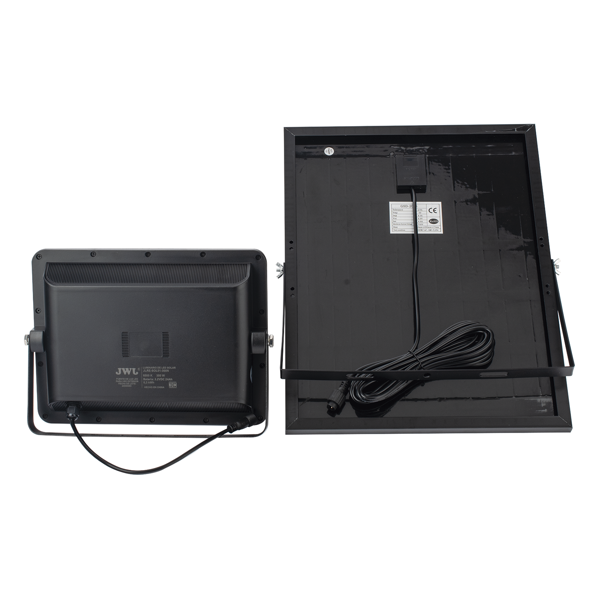 Reflector LED Solar / 300 W / Luz Blanca 6500 K / Ángulo 120° / IP65 / Control Remoto / Panel Solar Incluido