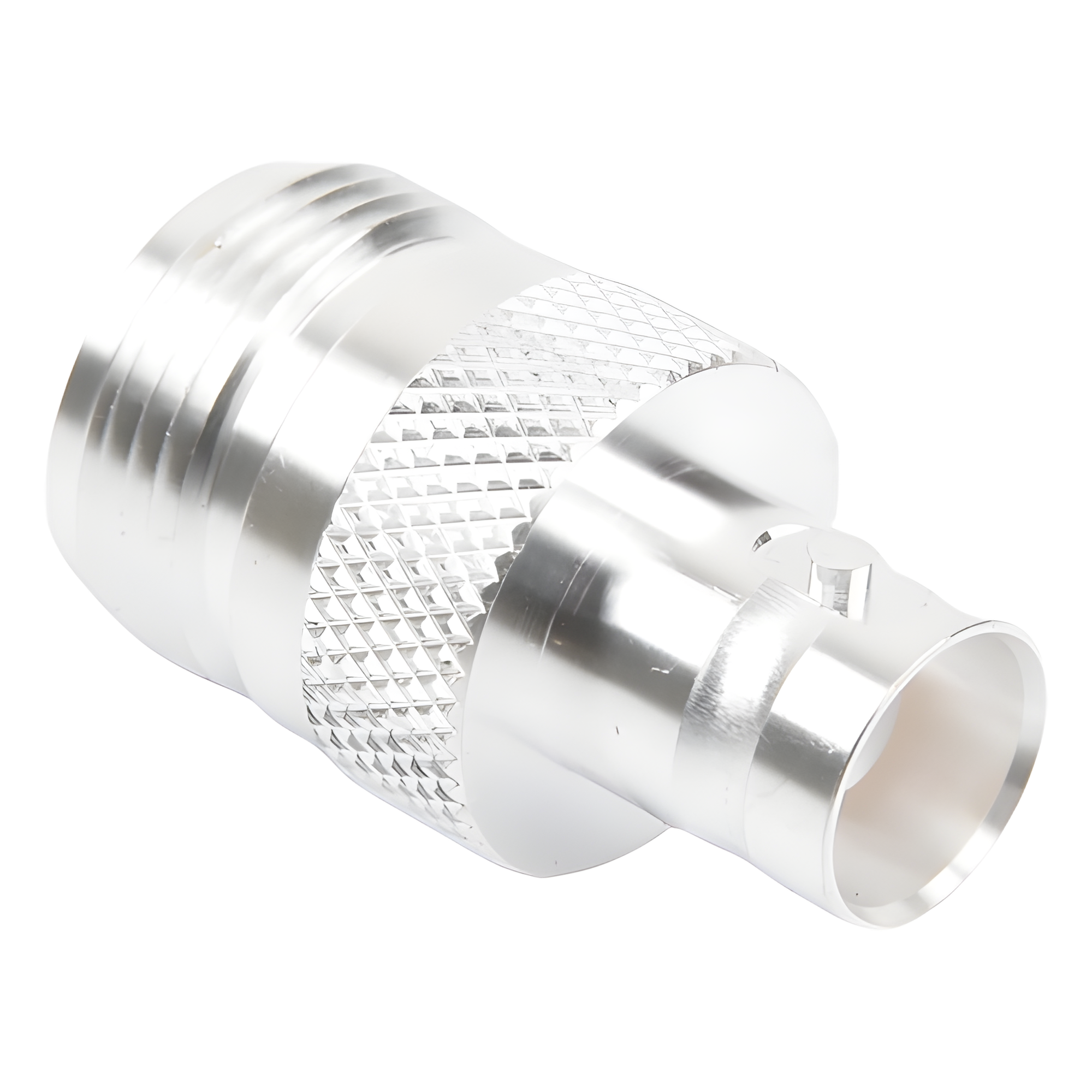 Adaptador Coaxial en Línea / N Hembra a BNC Hembra / Cuerpo Bronce Plateado / Contacto Oro / Aislante Teflón