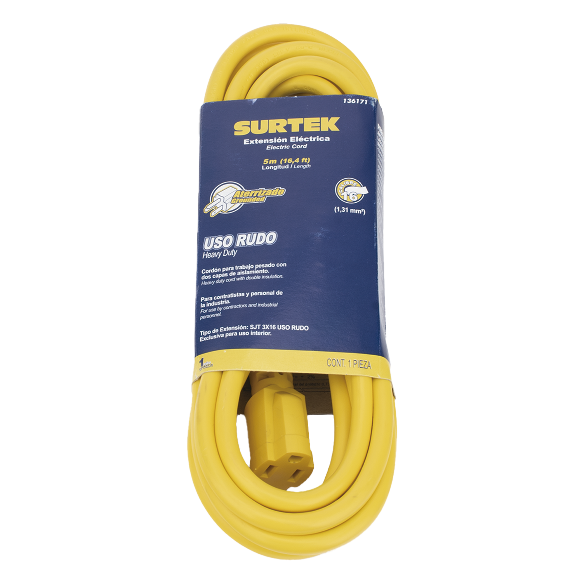 Extensión Eléctrica de Uso Rudo Aterrizada 5 metros /127 V CA 10 A Máximo / Color Amarillo.