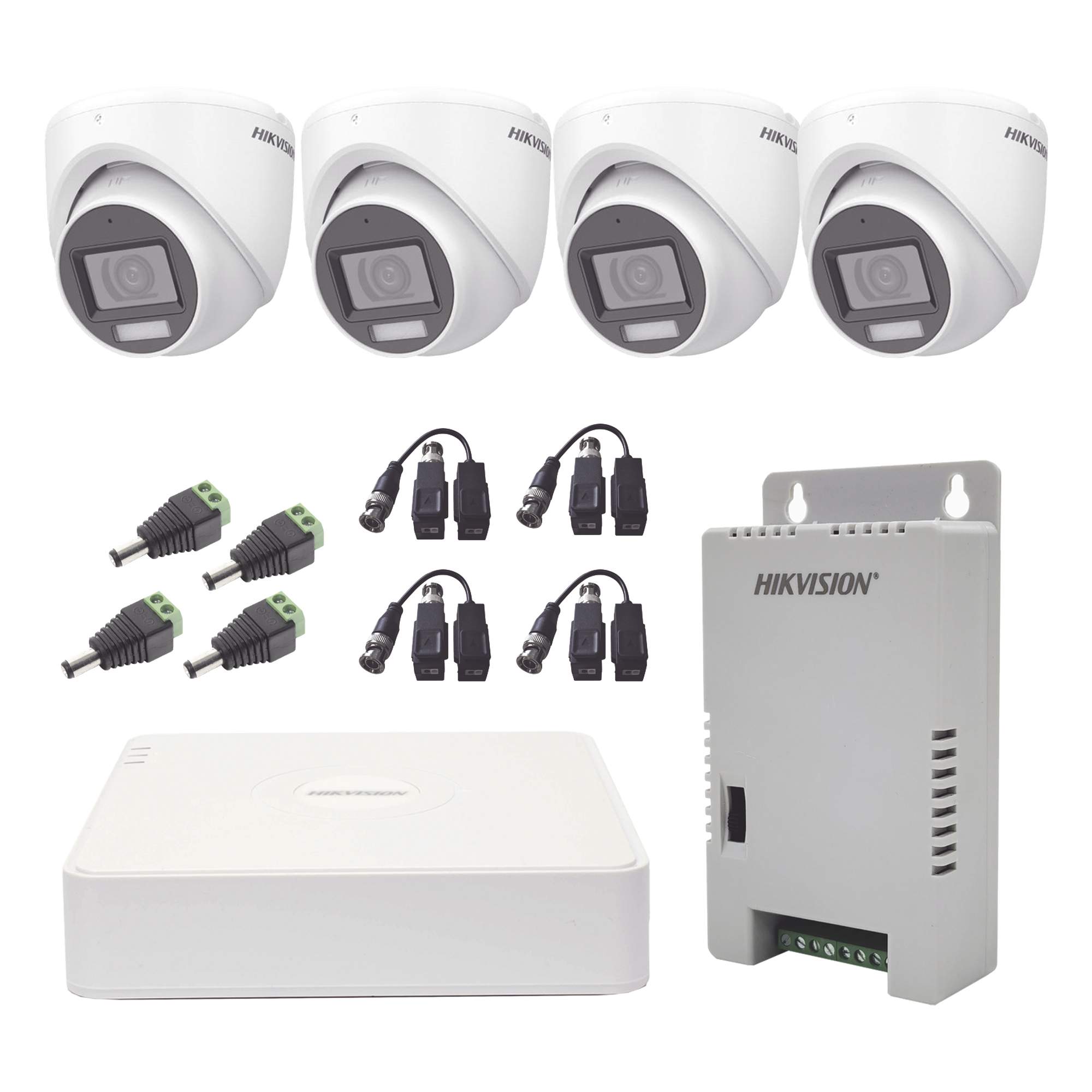 Kit de Videovigilancia TurboHD / DVR 4 Canales / 4 Cámaras Eyeball 2 Megapixel / Audio por Coaxitron / Luz Dual 20 m (65.6 ft) Blanca + 30 m (98.4 ft) IR / IP67 / Fuente de Poder Seleccionable — HIKVISION · SKU KH1080P4ESFH