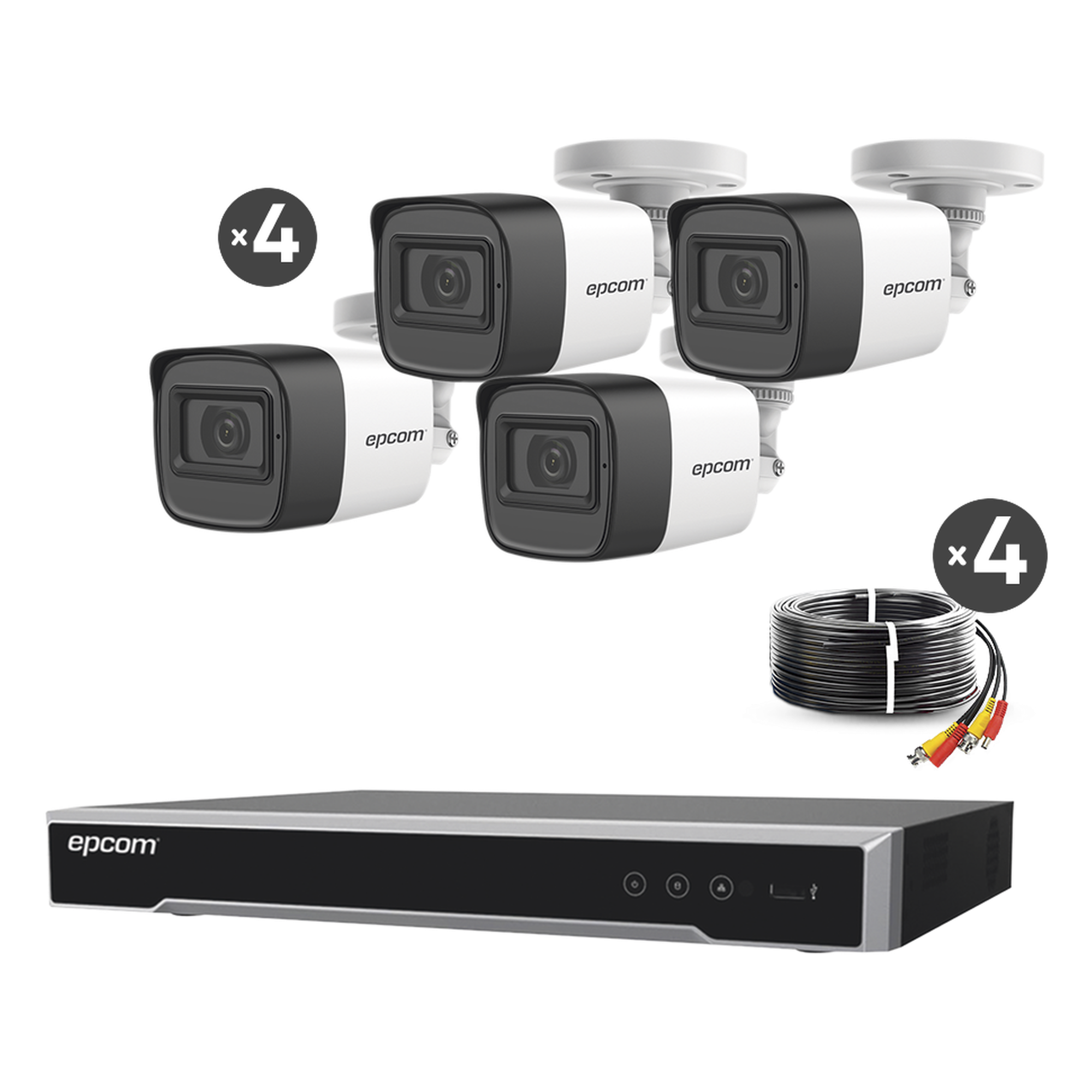 Kit de Videovigilancia TurboHD / DVR 4 Canales 8MP Lite / 4 Cámaras 5 Megapixel / Audio por Coaxitron / IR 30 m (98.4 ft) / Cables 18 m (59.1 ft) — EPCOM PROFESSIONAL · SKU B50-KIT-MIC