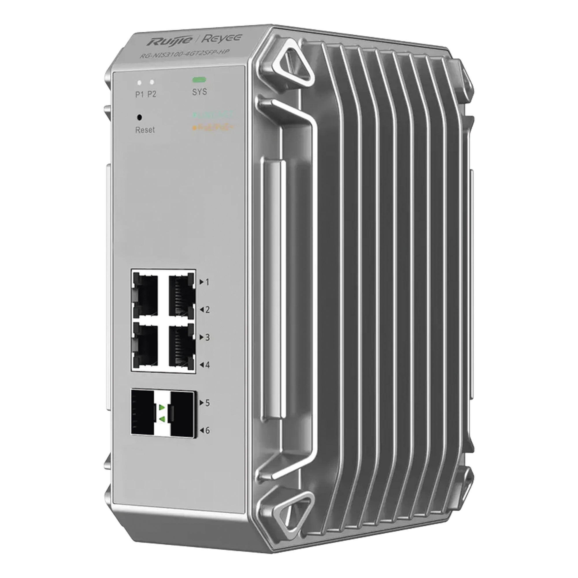 Switch Industrial PoE / 4 Puertos Gigabit 802.3af/at / 2 Puertos SFP / Administrable Cloud / Grado Industrial / Protección contra Descargas — RUIJIE · SKU RG-NIS3100-4GT2SFP-HP