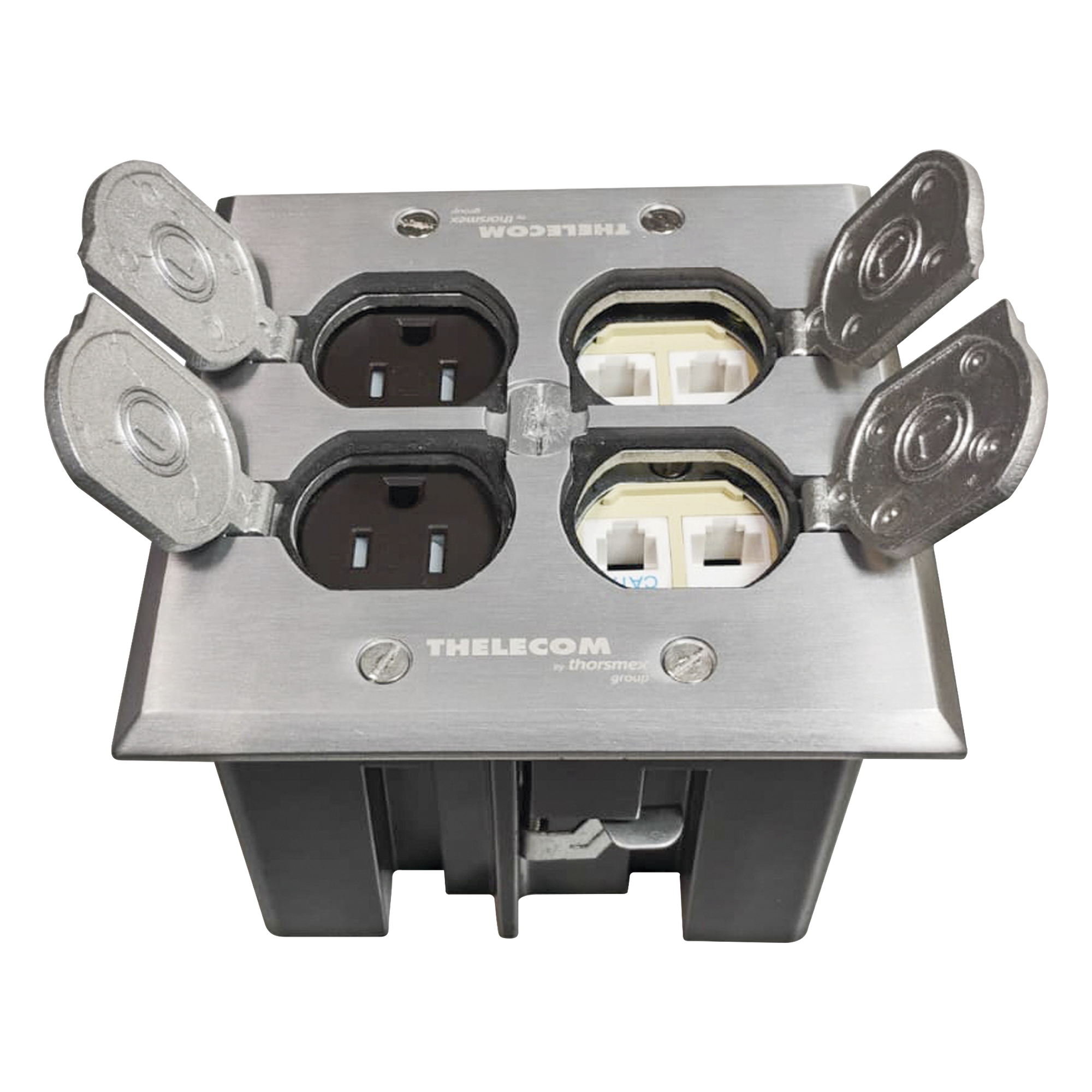 Caja de Piso Empotrable / Tapa Abatible Aluminio / Energía 127 V + Datos Voz/Datos / 2 Contactos 15A / 2 Módulos Keystone / Interior — THORSMAN · SKU TH-CPA-CD