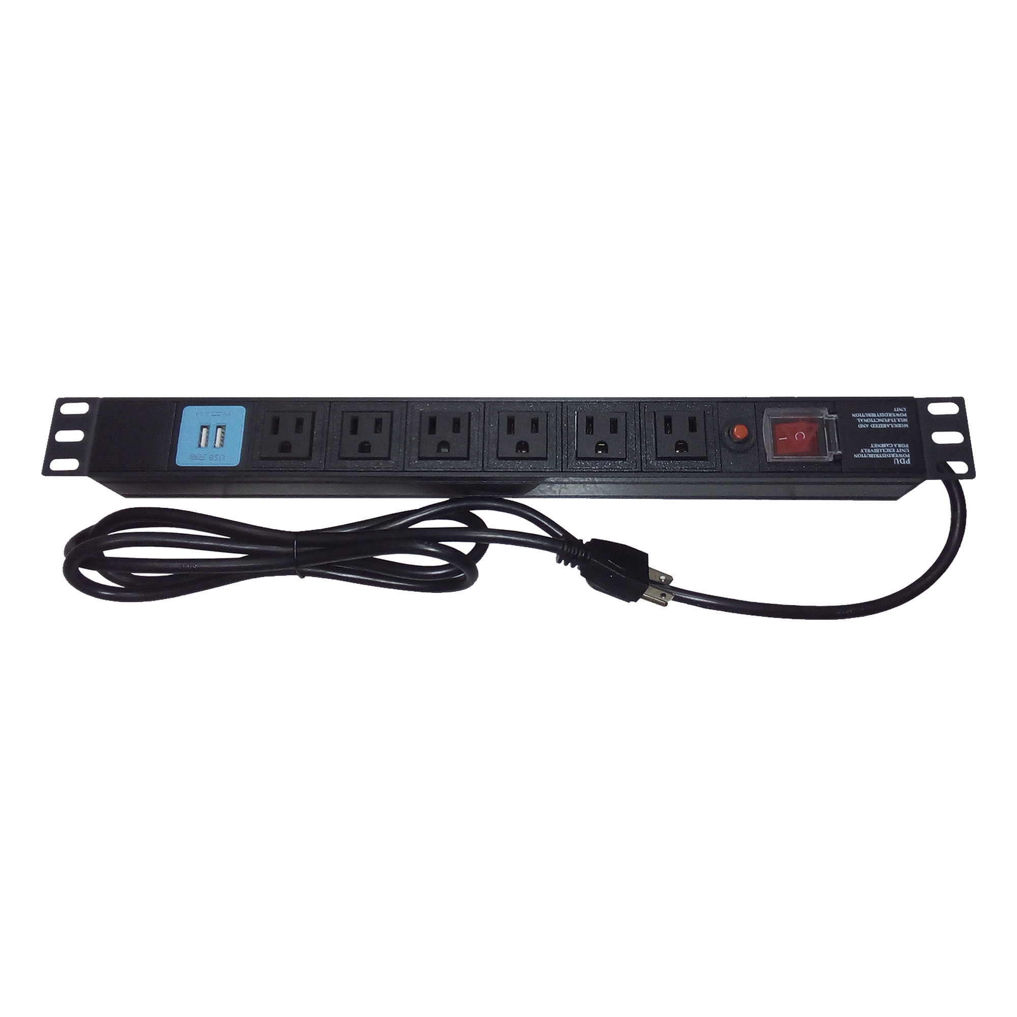 PDU Horizontal / 6 Contactos NEMA 5-15R / 2 Puertos USB 5V/2.1A / 1UR / 19" / 1875 W / Cable 1.80 m (5.9 ft) — THORSMAN · SKU THTCM6CUSB