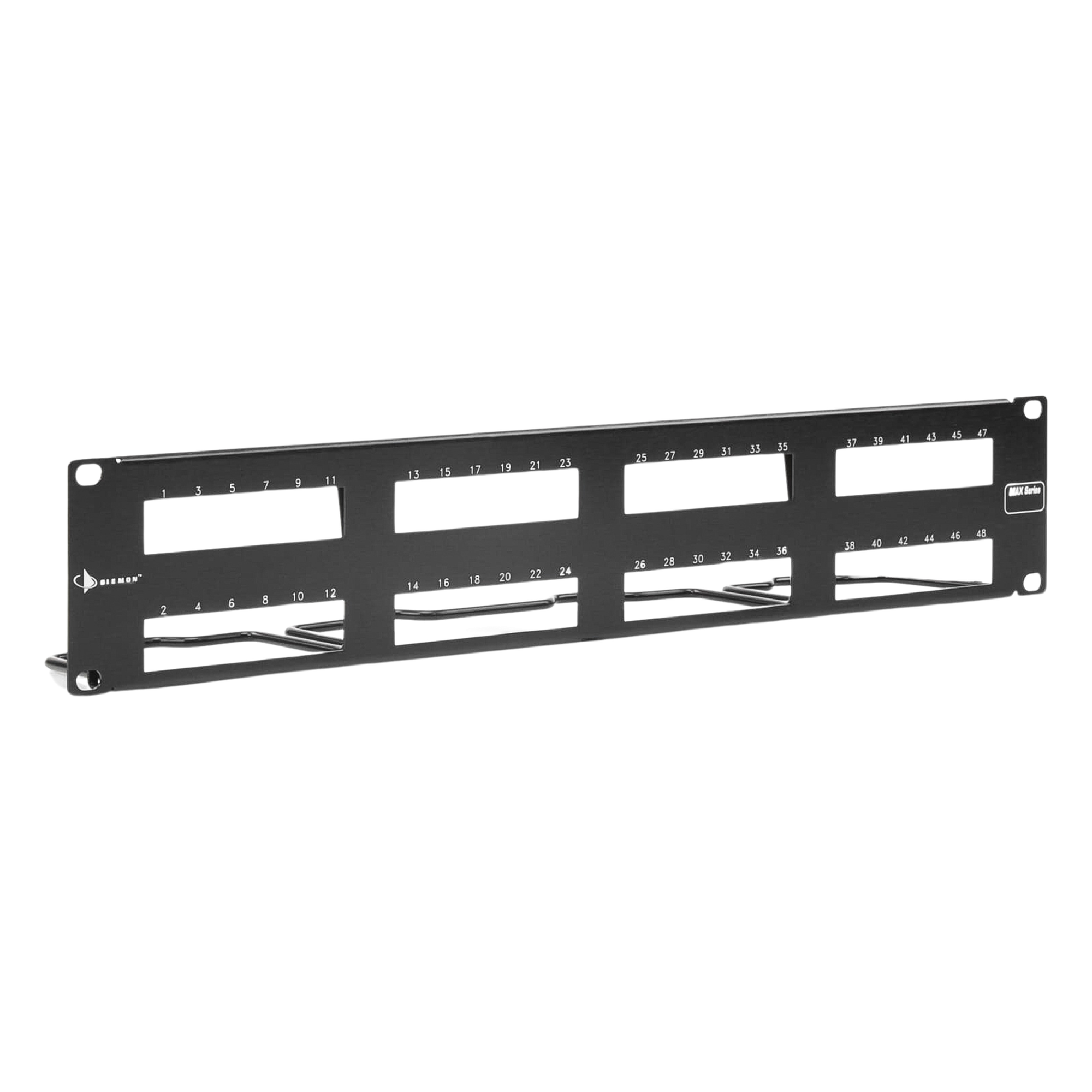 Patch Panel / 48 Puertos UTP / Vertical 2U (3.5') / Aluminio Cepillado / Negro / 19" Rack — SIEMON · SKU MX-PNL-48-C