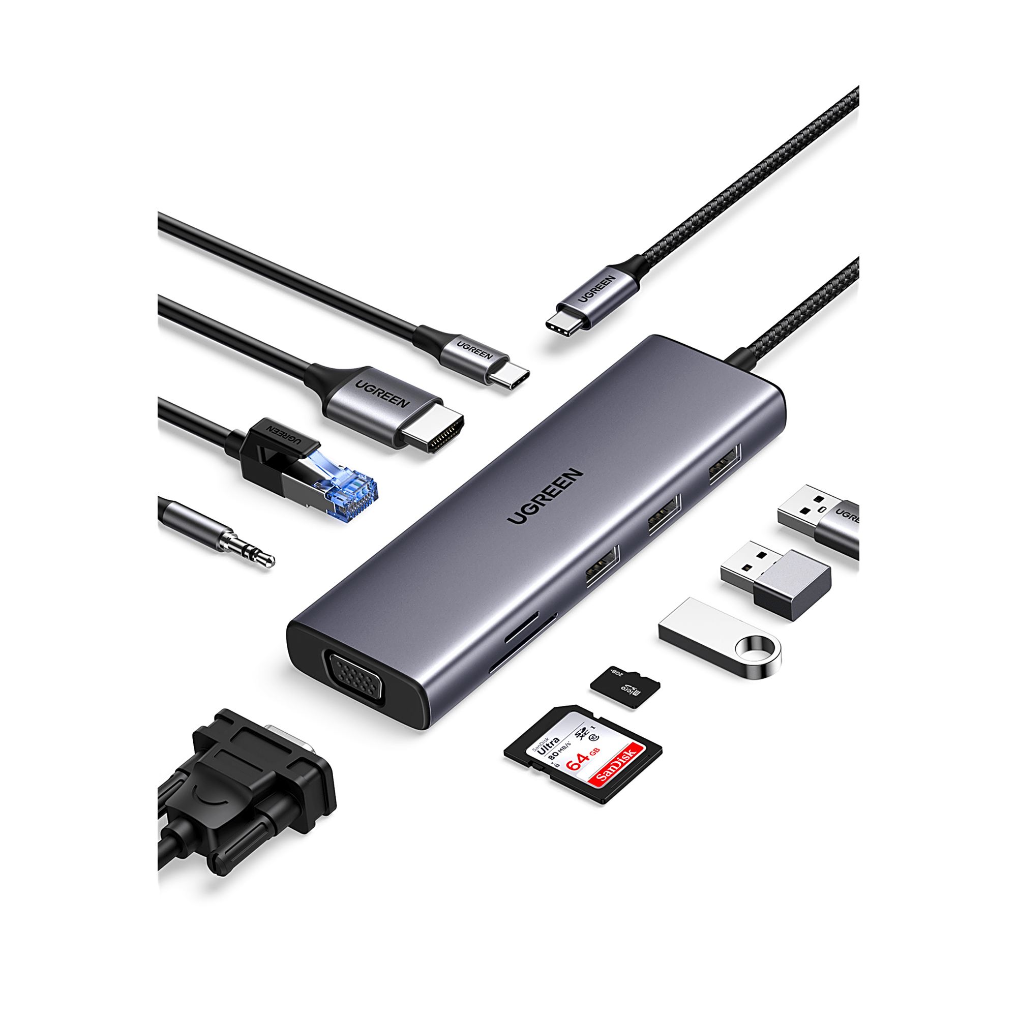 Hub USB-C / 10 en 1 / HDMI 4K@30Hz / VGA 1920x1200 / 3x USB 3.0 5Gbps / Ethernet Gigabit / SD/TF / PD 100W / Audio 3.5mm / Aluminio — UGREEN · SKU 15601