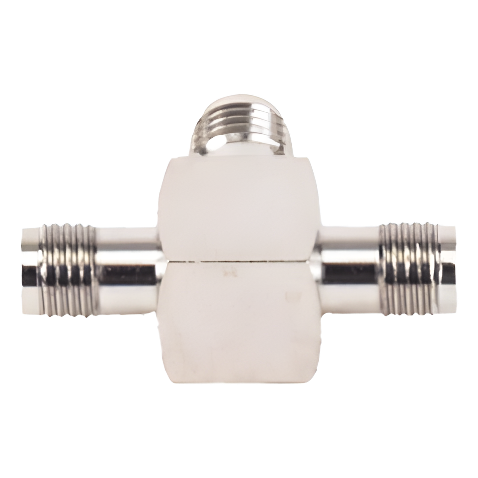 Adaptador RF en T / Triple Conector SMA Hembra / Frecuencia 18 GHz / Cuerpo Bronce Niquelado / Aislante Teflón